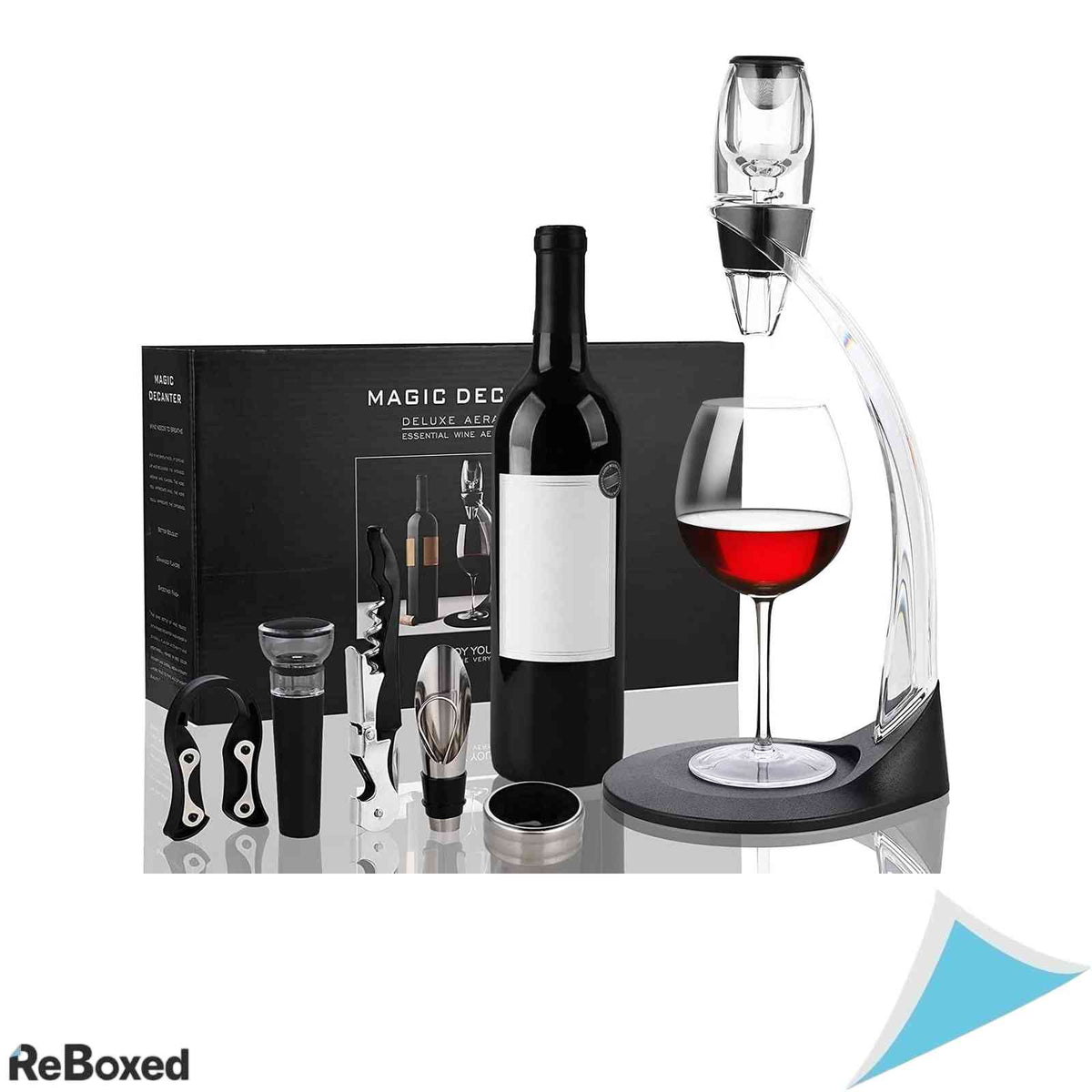 Aerator Decantor pentru Vin Cieex cu Suport de Masa Filtru si Set Accesorii Desfacator Taietor Capsula Dop Turnator Inox si Negru