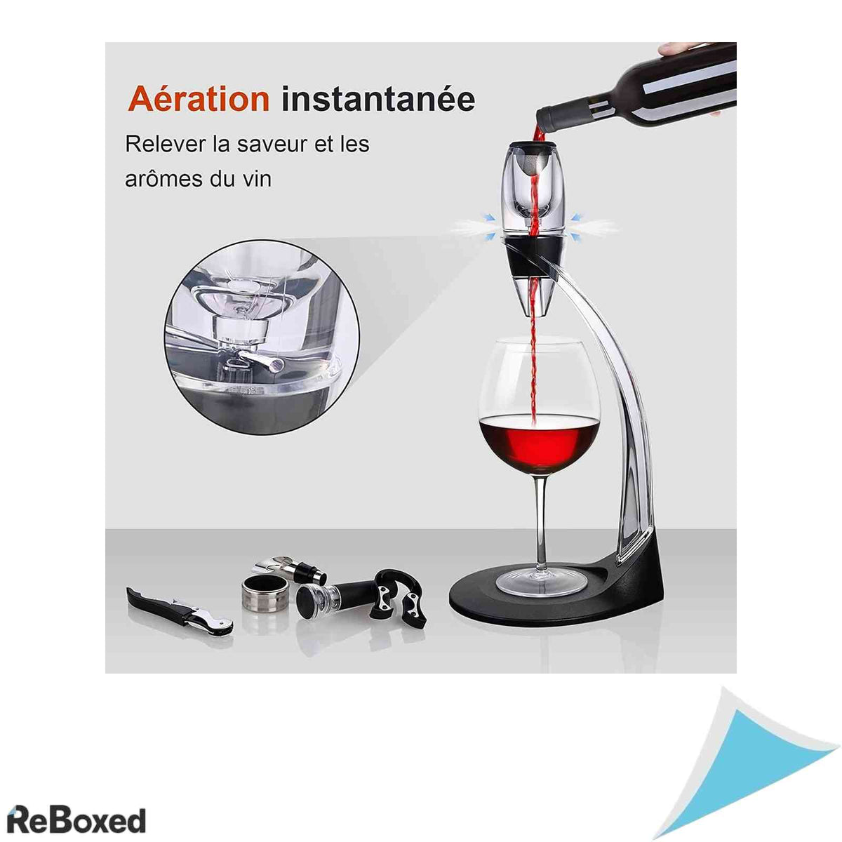 Aerator Decantor pentru Vin Cieex cu Suport de Masa Filtru si Set Accesorii Desfacator Taietor Capsula Dop Turnator Inox si Negru