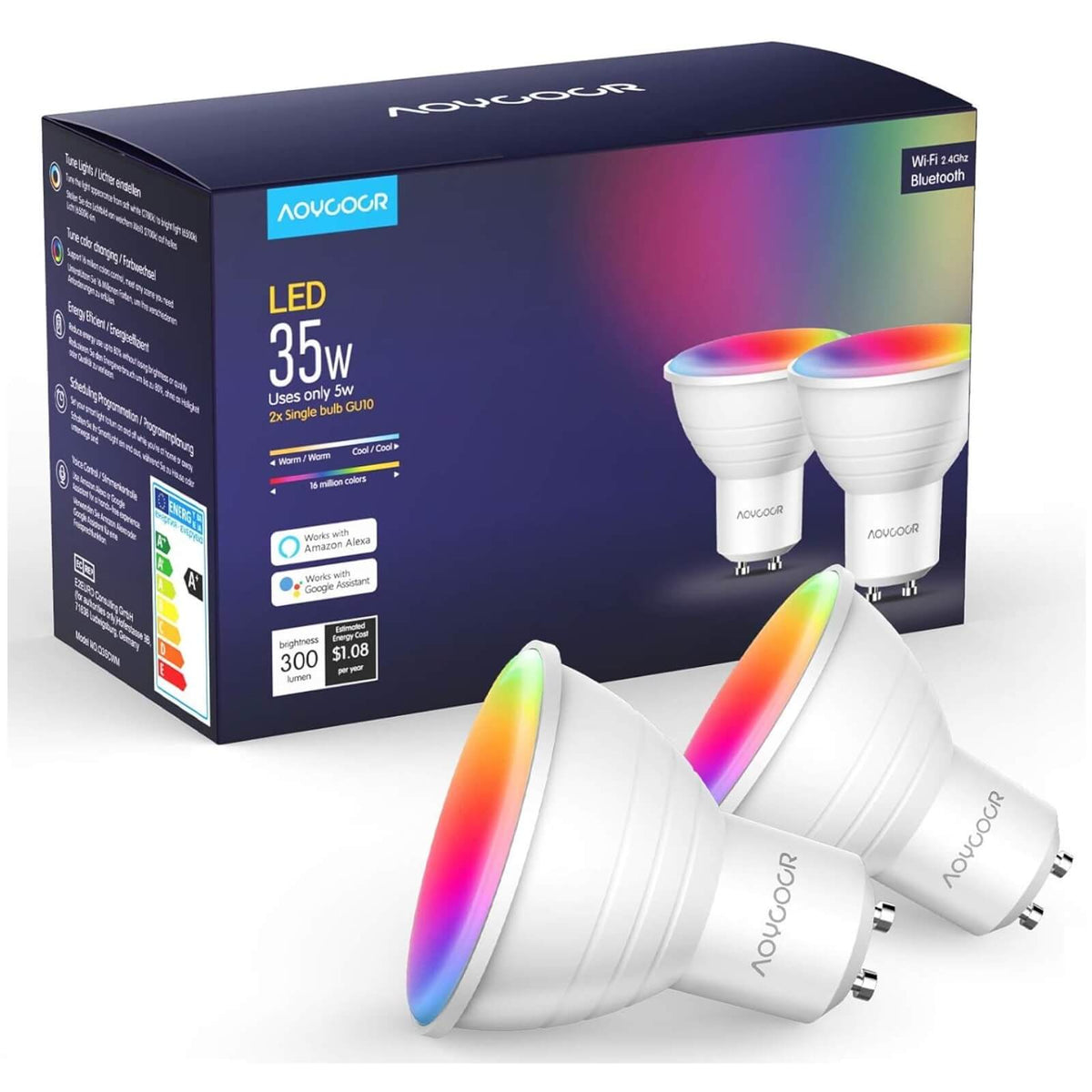 Aoycocr Set 2 Becuri LED Inteligente GU10 5W RGB 6500K