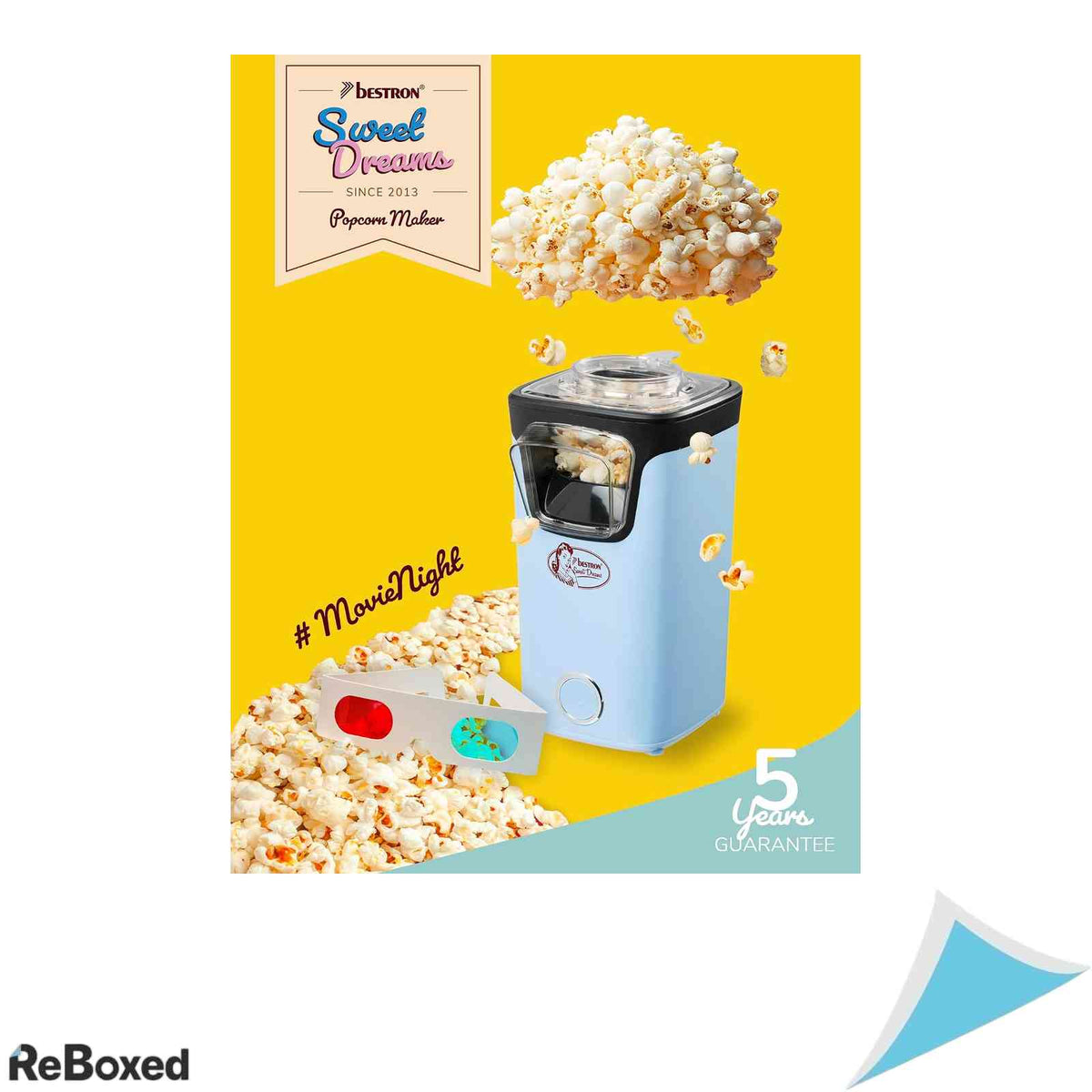 Aparat de Facut Popcorn Bestron Turbo Sweet Dreams 1000W Tehnologie cu Aer Cald Fara Ulei Pungi Incluse Albastru