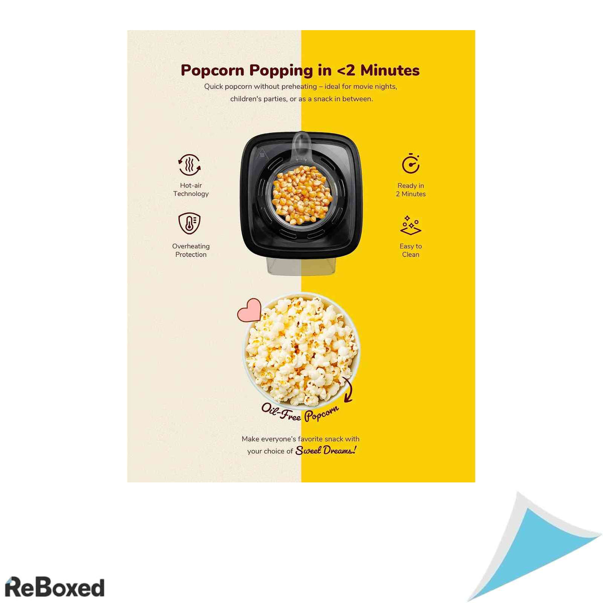 Aparat de Facut Popcorn Bestron Turbo Sweet Dreams 1000W Tehnologie cu Aer Cald Fara Ulei Pungi Incluse Albastru