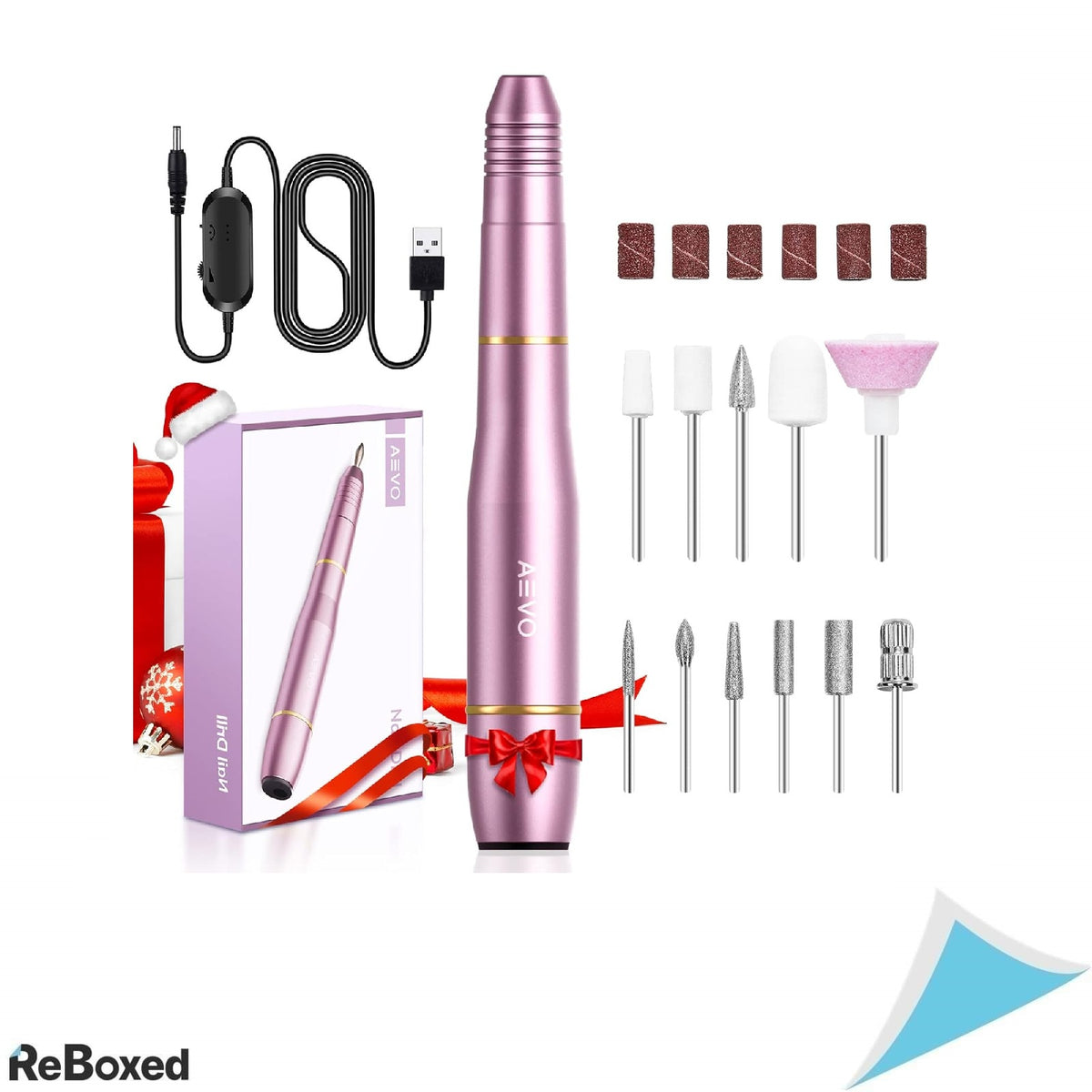 AEVO Kit Freza Electrica pentru Unghii – Trusa Manichiura USB, 11 Capete Schimbabile, 36 Benzi Slefuire, Roz