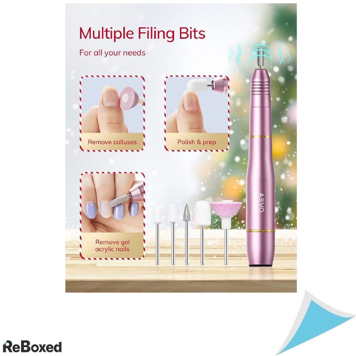 AEVO Kit Freza Electrica pentru Unghii – Trusa Manichiura USB, 11 Capete Schimbabile, 36 Benzi Slefuire, Roz