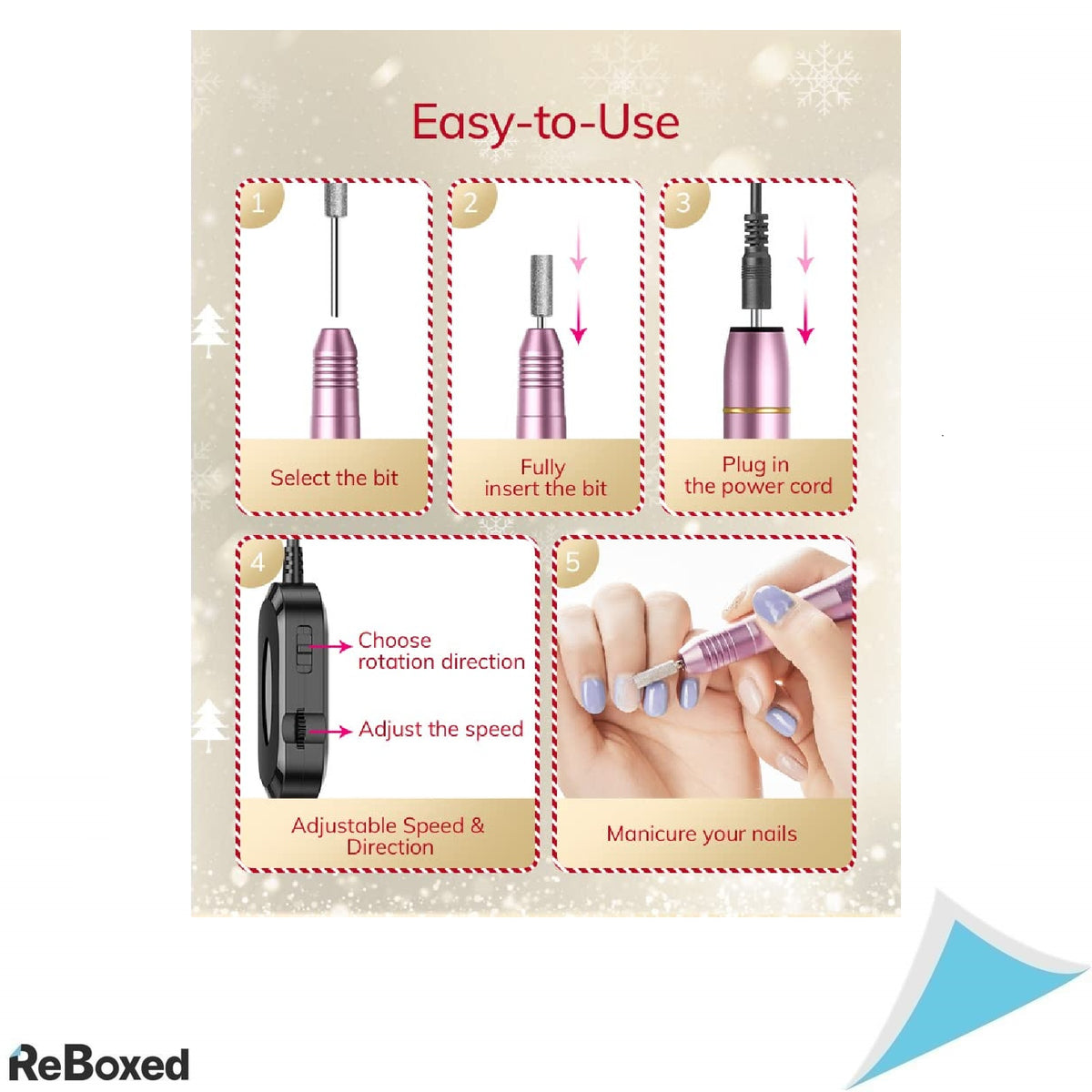 AEVO Kit Freza Electrica pentru Unghii – Trusa Manichiura USB, 11 Capete Schimbabile, 36 Benzi Slefuire, Roz