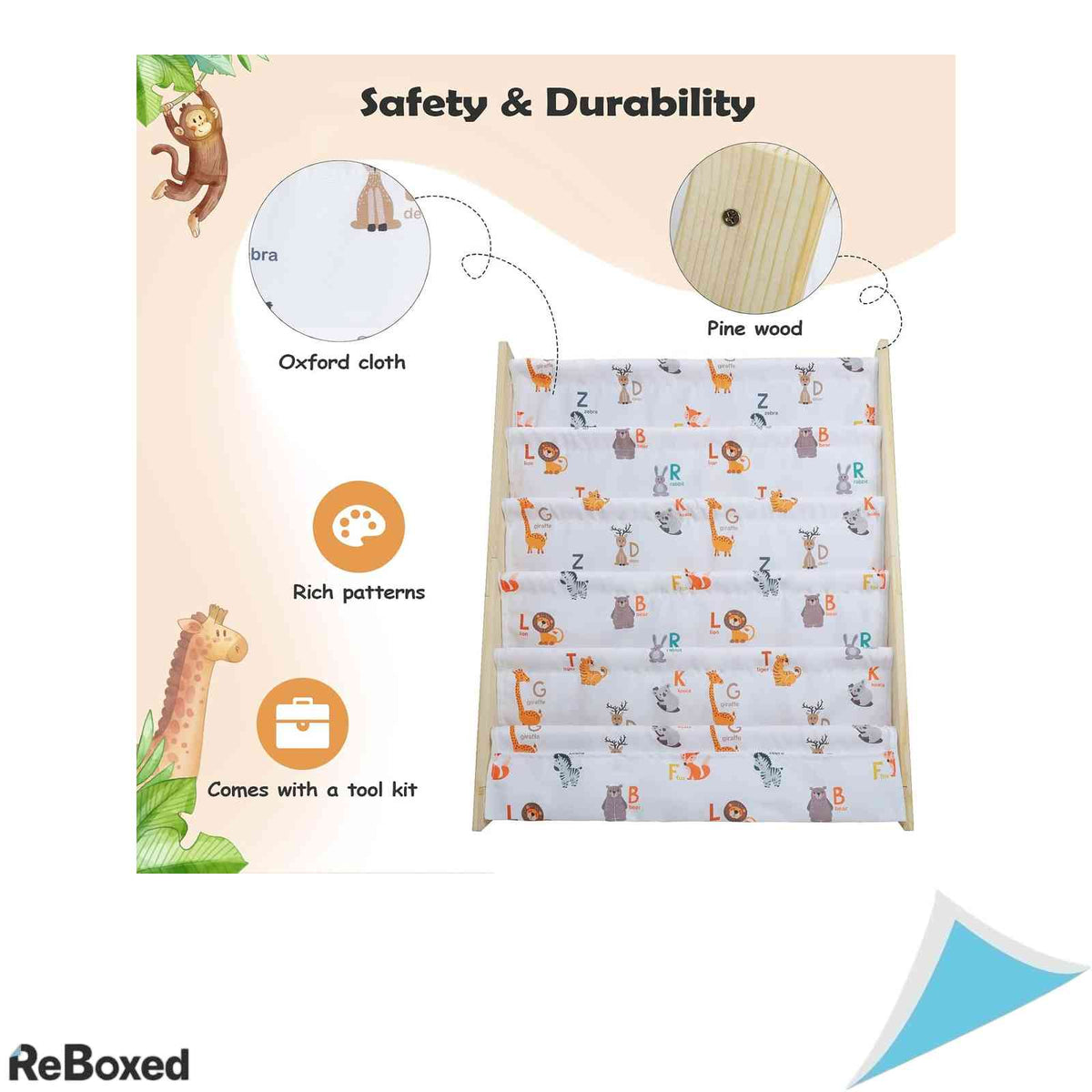 Biblioteca din lemn pentru copii wooshwa cu buzunare textile