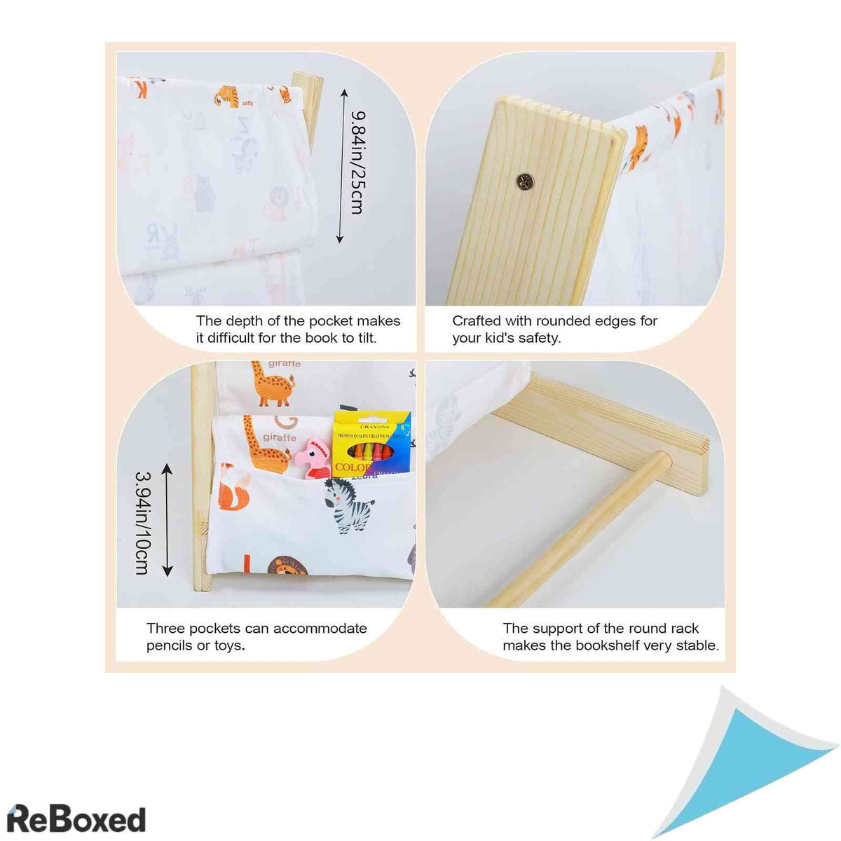 Biblioteca din lemn pentru copii wooshwa cu buzunare textile