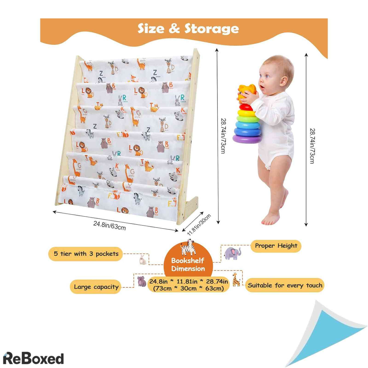 Biblioteca din lemn pentru copii wooshwa cu buzunare textile