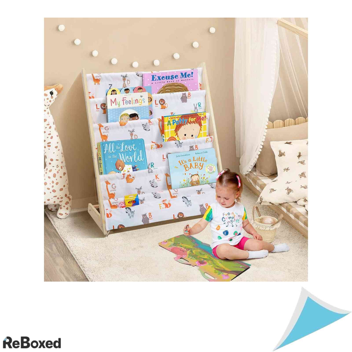 Biblioteca din lemn pentru copii wooshwa cu buzunare textile