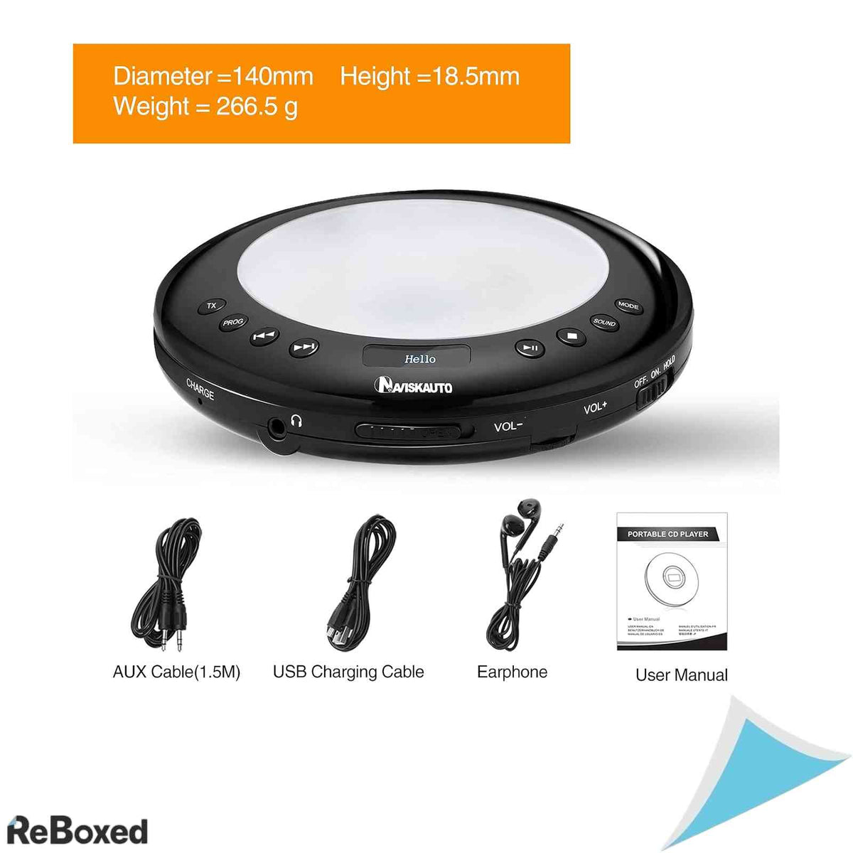 CD Player Portabil Auto NAVISKAUTO Baterie Reincarcabila 2000mAh Transmitator FM si Cablu AUX Ecran OLED cu Iluminare Protectie Anti-Shock Negru