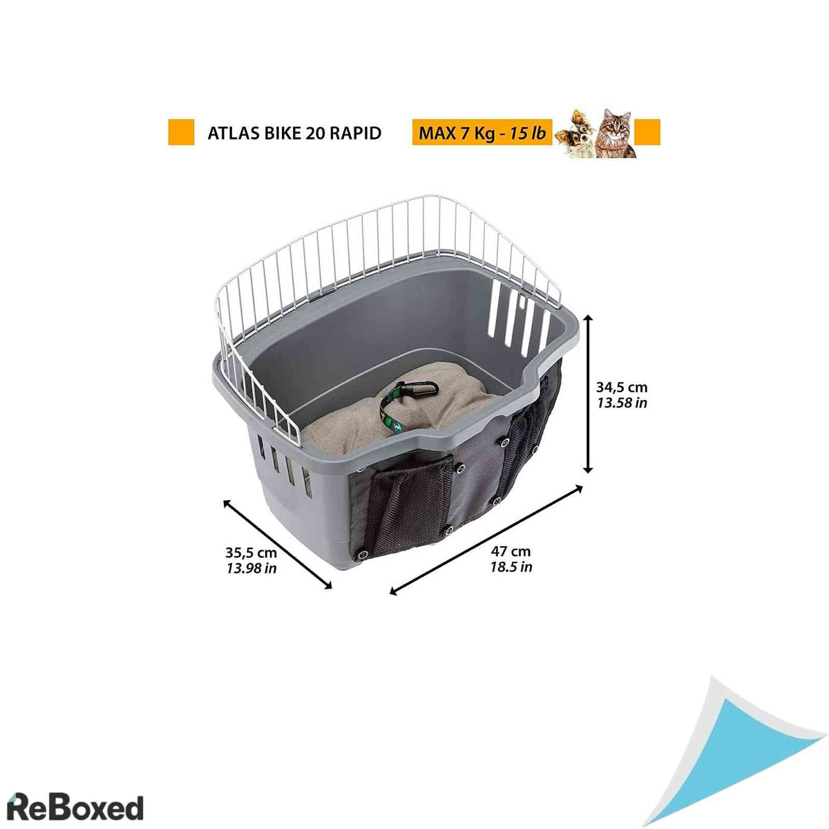 Cos Bicicleta pentru Transport Caini de Talie Mica Ferplast Atlas Bike 20 Rapid Cuscun Bumbac Cinghiola Siguranta si Retea Protectie Gri 47 x 35.5 x 34.5 cm