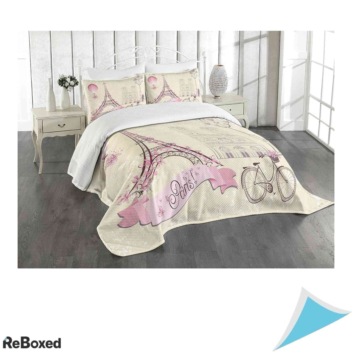 Cuvertura de Pat ABAKUHAUS cu Fata de Perna 170x220 cm Pattern Turnul Eiffel si Flori Ivory Roz