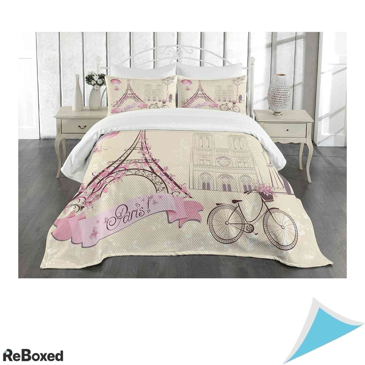 Cuvertura de Pat ABAKUHAUS cu Fata de Perna 170x220 cm Pattern Turnul Eiffel si Flori Ivory Roz