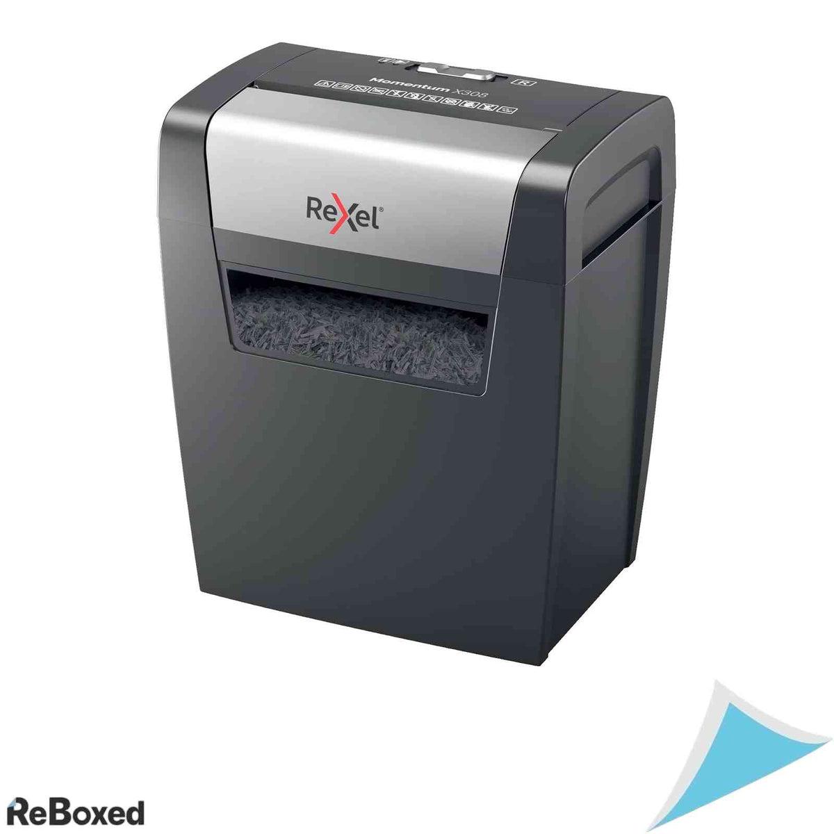 Distrugator de Documente Rexel Momentum X308 Taiere in Particule P3 Capacitate 8-9 Coli Cos 15 Litri Capsa si Agrafe Negru