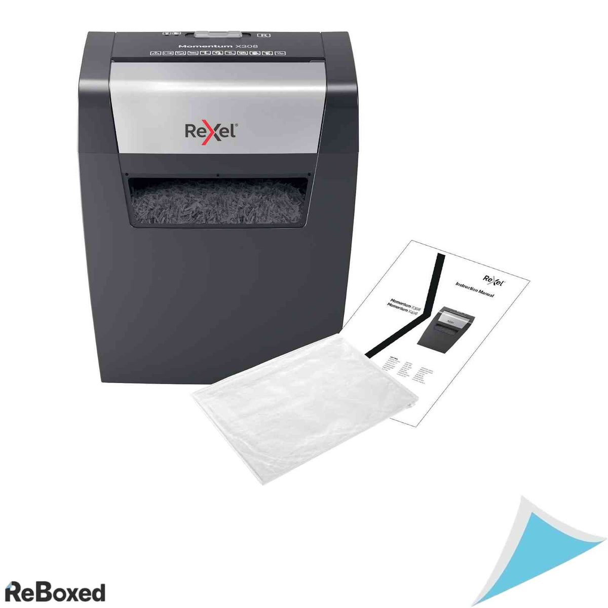 Distrugator de Documente Rexel Momentum X308 Taiere in Particule P3 Capacitate 8-9 Coli Cos 15 Litri Capsa si Agrafe Negru