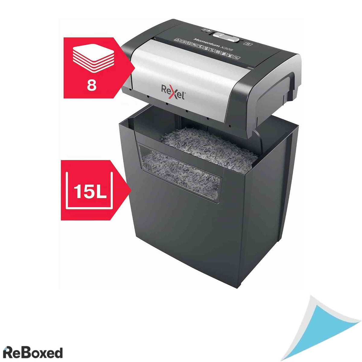 Distrugator de Documente Rexel Momentum X308 Taiere in Particule P3 Capacitate 8-9 Coli Cos 15 Litri Capsa si Agrafe Negru