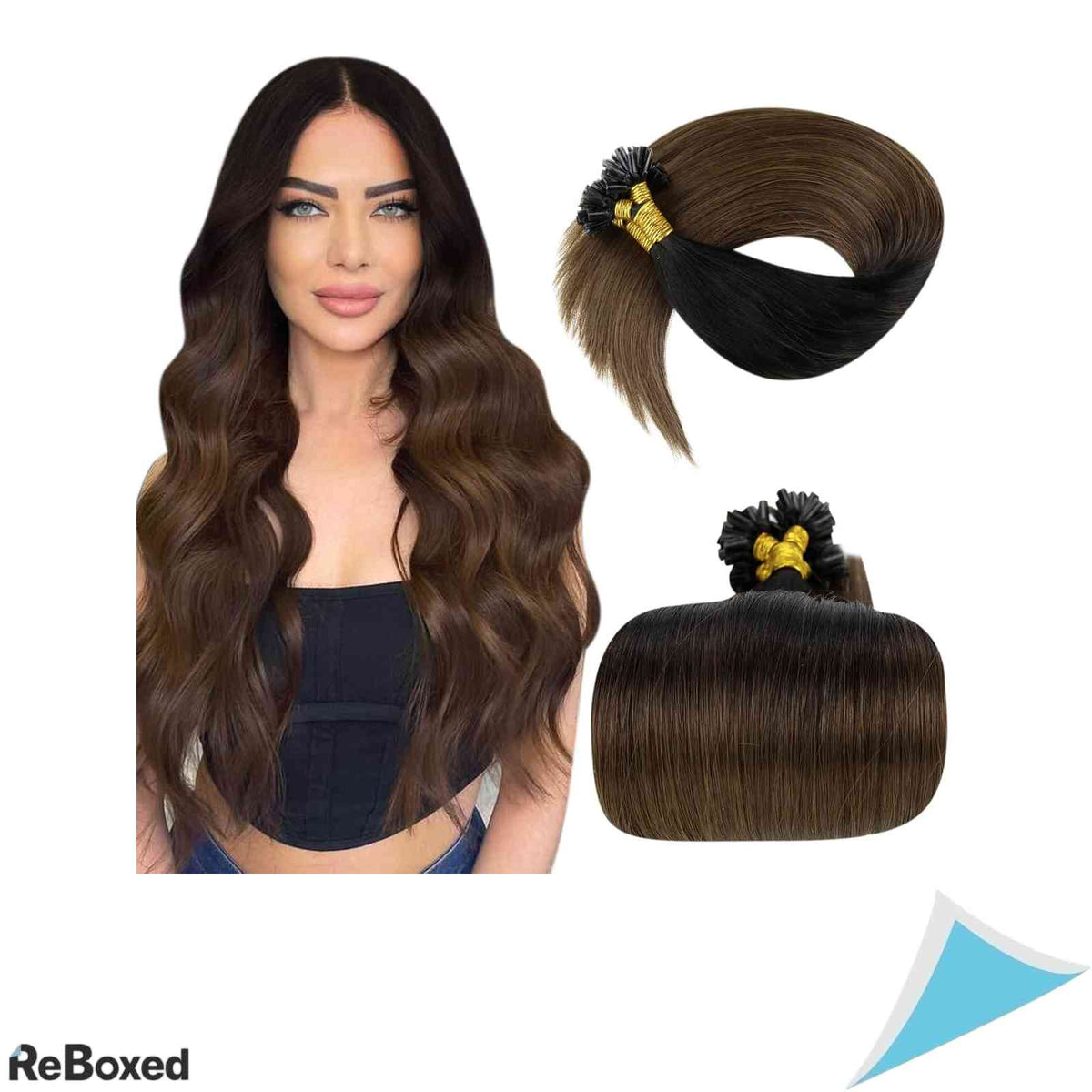 LaaVoo Extensii de Par Natural Keratina U-Tip Remy 40cm 50g 50 Suvite Ombre Negru si Saten Mediu