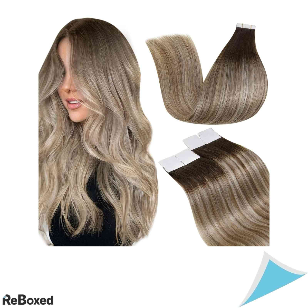 LaaVoo Extensii de Par Natural Tape-In Ombre Balayage 40cm 50g 20 Piese Saten Inchis la Saten Deschis si Blond Deschis