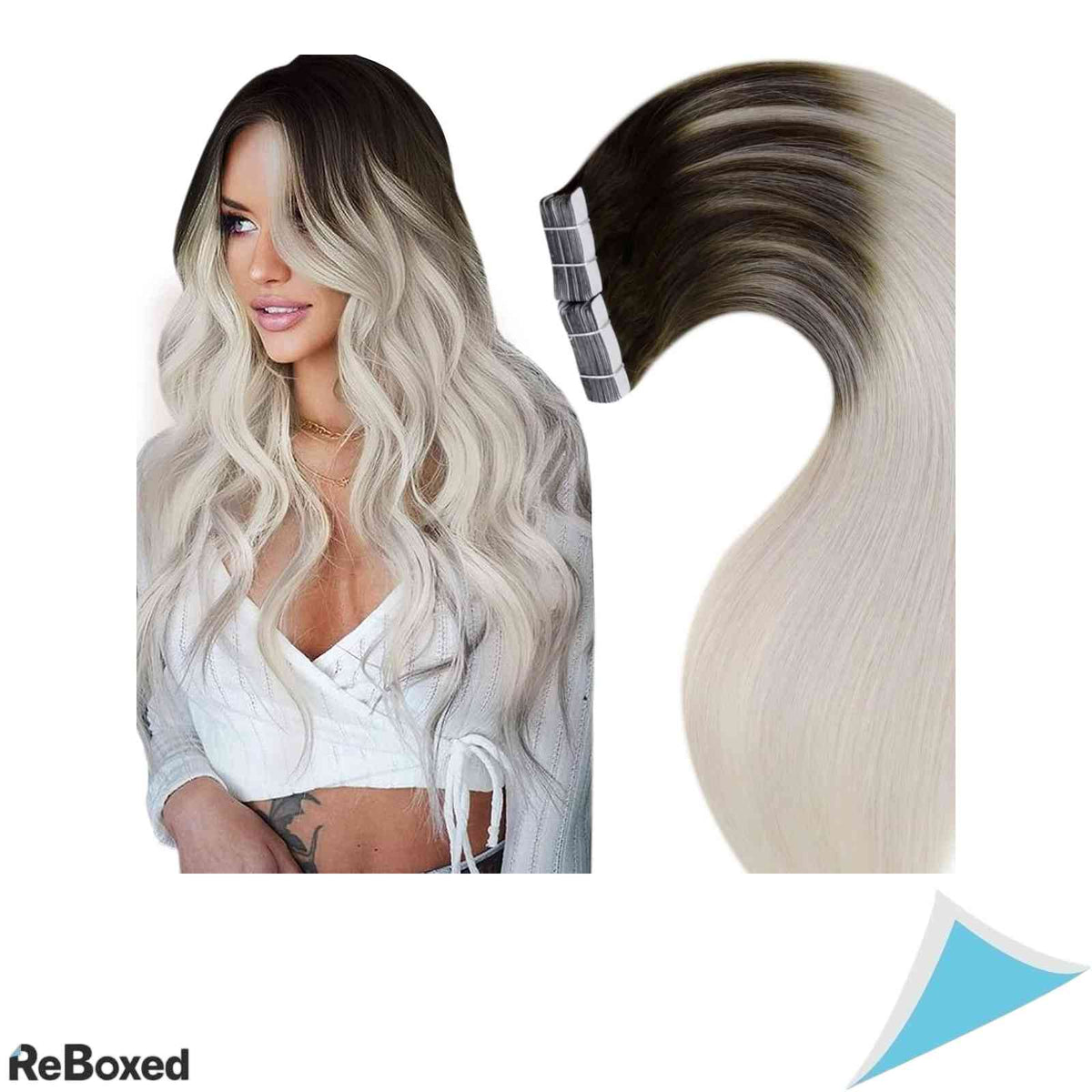 LaaVoo Extensii de Par Natural Tape-In Ombre Saten si Blond Platina 40cm 50g 20 Piese