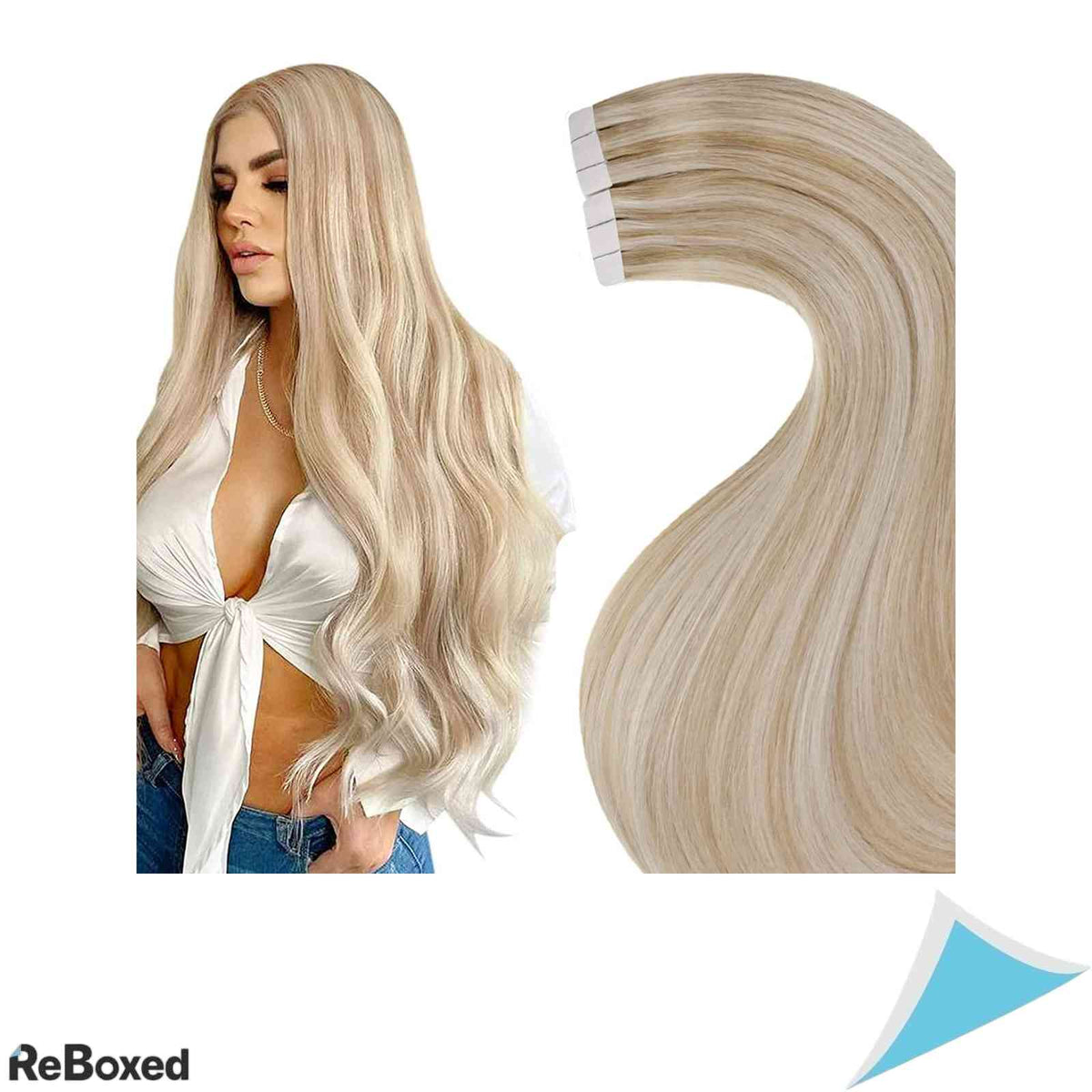 LaaVoo Extensii de Par Natural Tape-In Remy 35cm 50g 20 Piese Blond Cenusiu cu Suvite Blond Deschis
