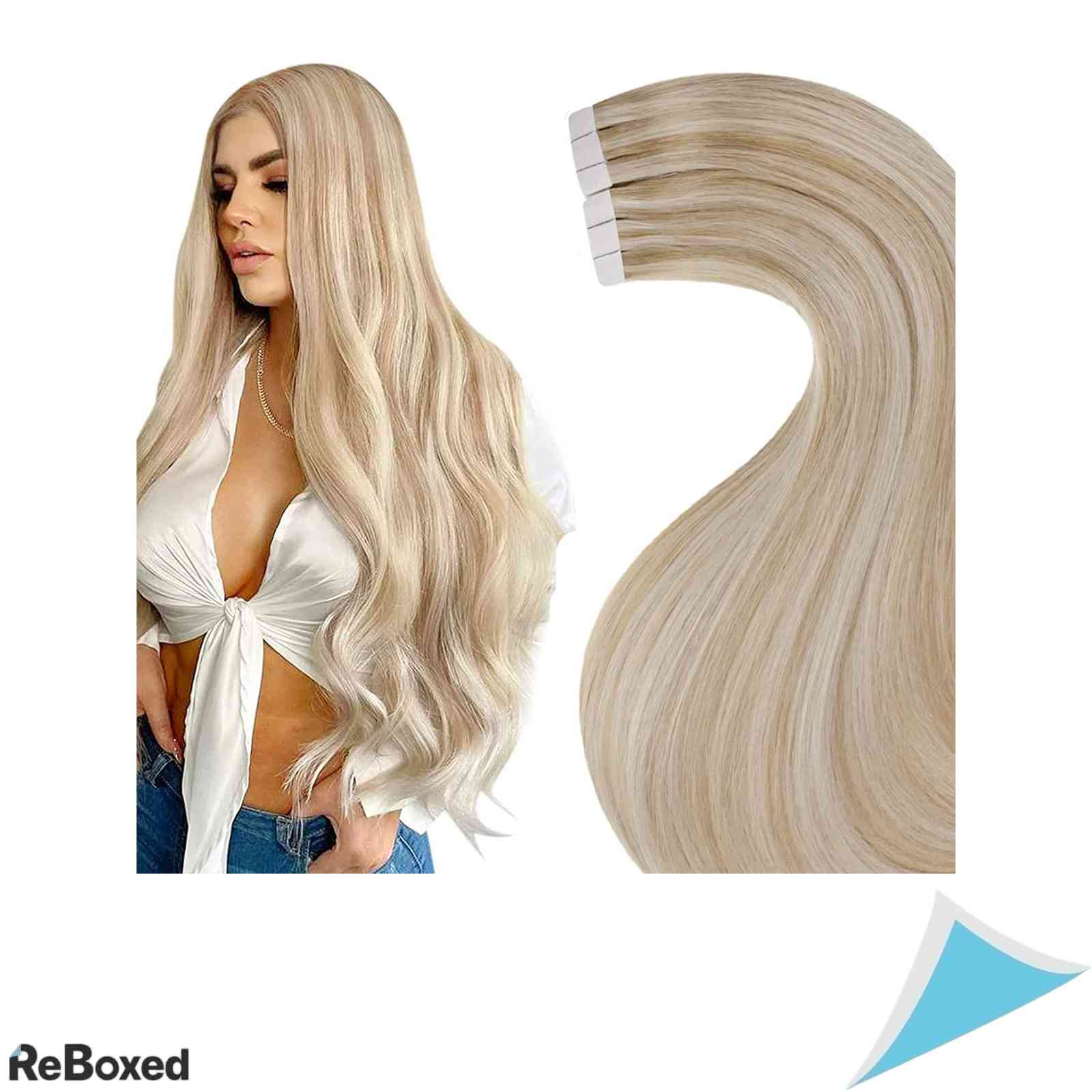 LaaVoo Extensii de Par Natural Tape-In Remy 35cm 50g 20 Piese Blond Cenusiu cu Suvite Blond Deschis