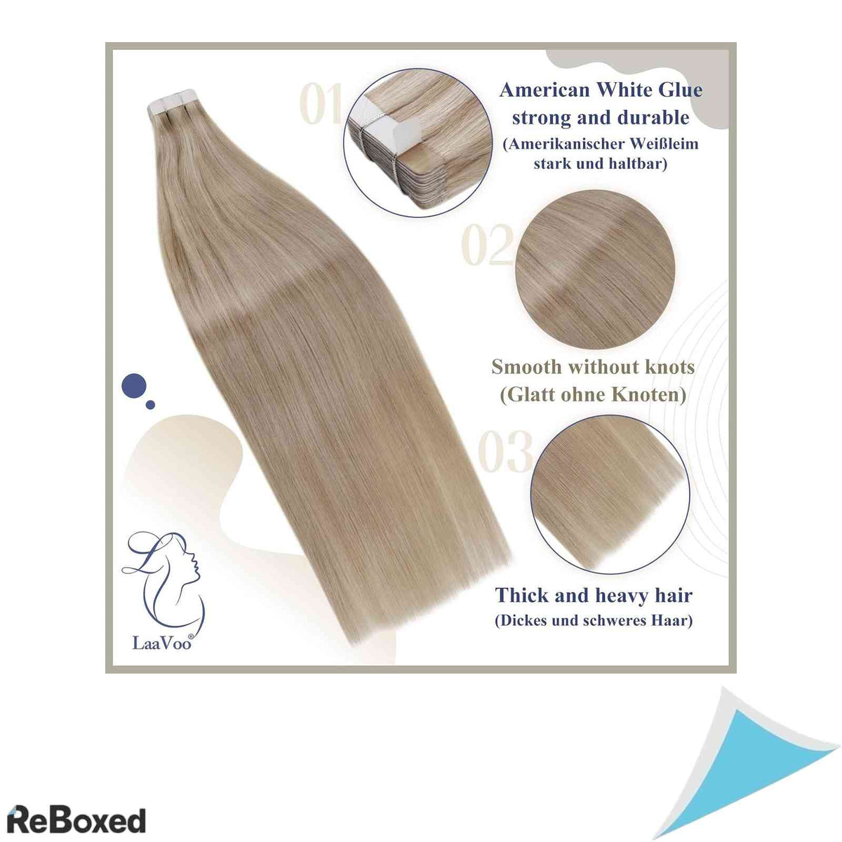 LaaVoo Extensii de Par Natural Tape-In Remy 35cm 50g 20 Piese Blond Cenusiu cu Suvite Blond Deschis