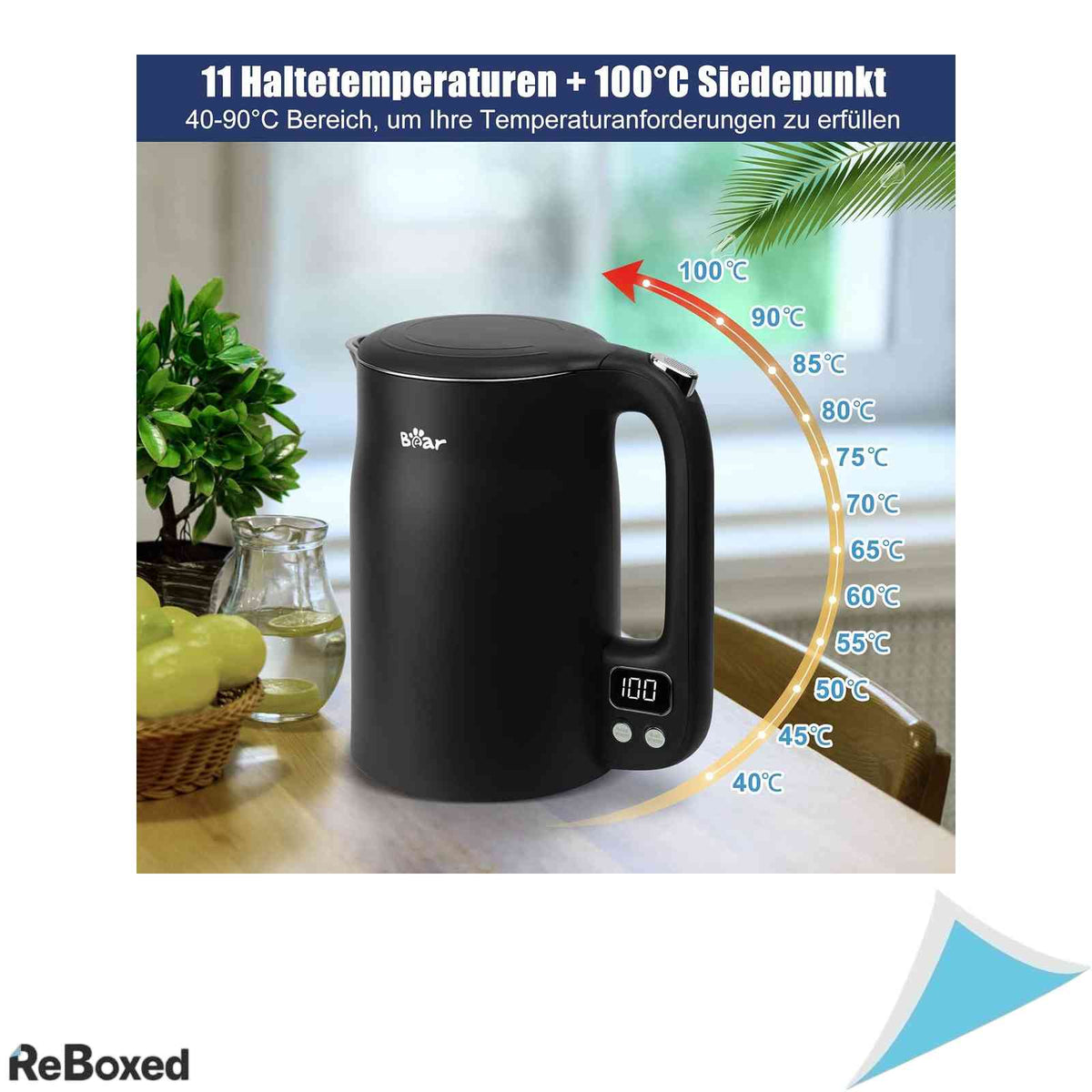 Fierbator Electric din Inox Bear 1.7L Putere 1800W Control Temperatura 40-100 C Afisaj LCD Dublu Perete Anti-Oparire Fara BPA Negru