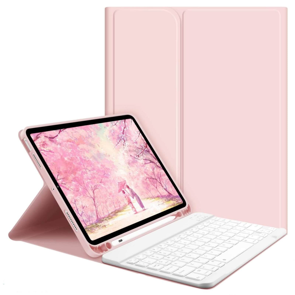 Goojodoq Husa cu Tastatura iPad Air 4th Gen 2020 10.9 Inch QWERTZ Roz