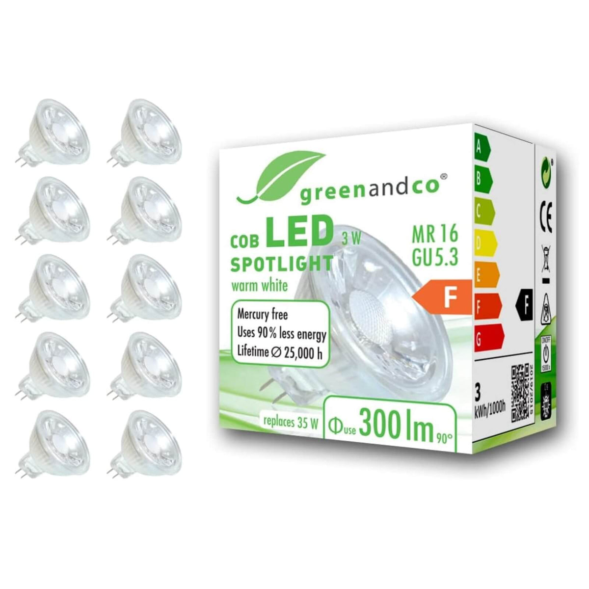 greenandco Set 10 x Spot 3W LED COB MR16 GU5.3 12V AC/DC Sticla