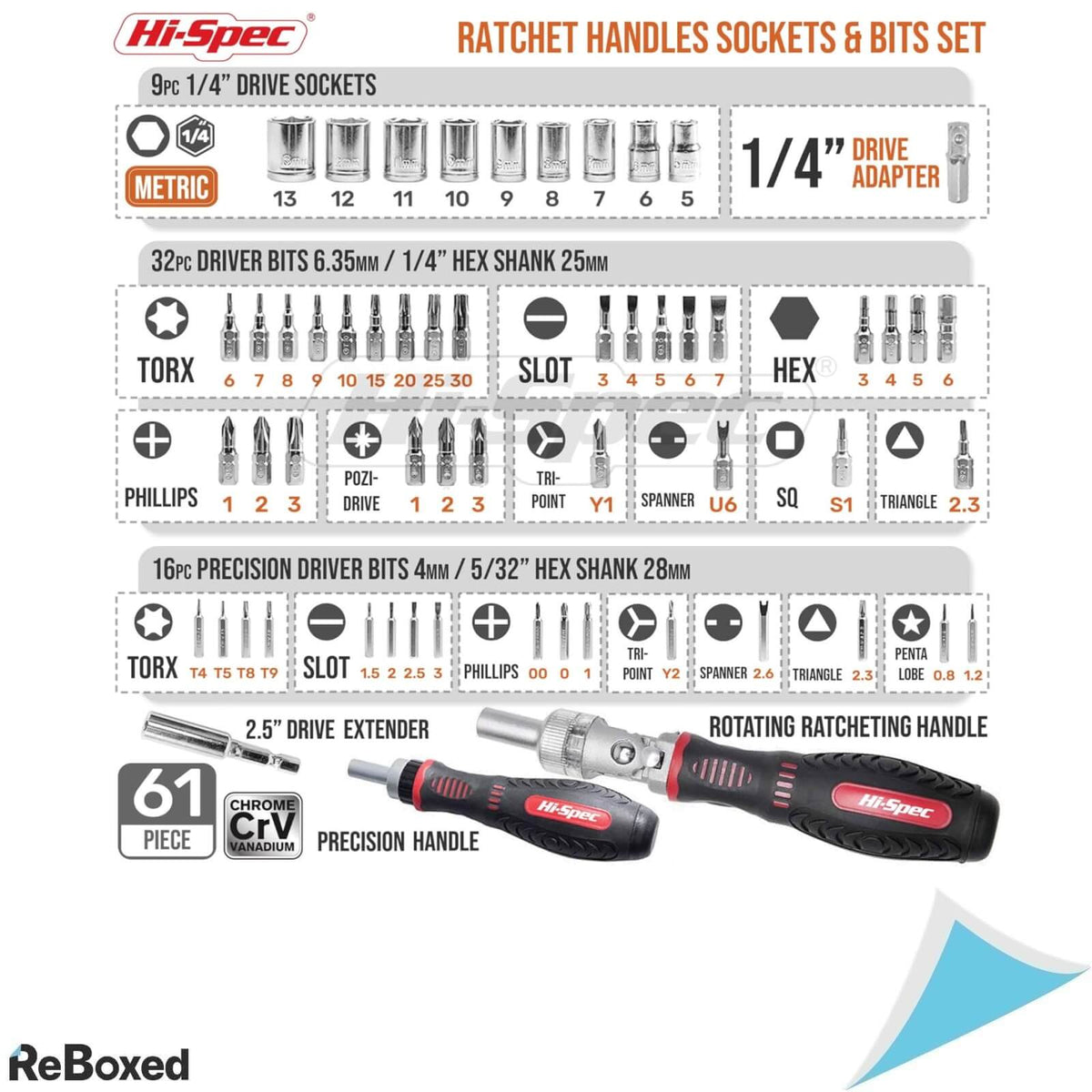 Hi-Spec Set Surubelnite cu Clichet Biti Tubulare 61 Piese