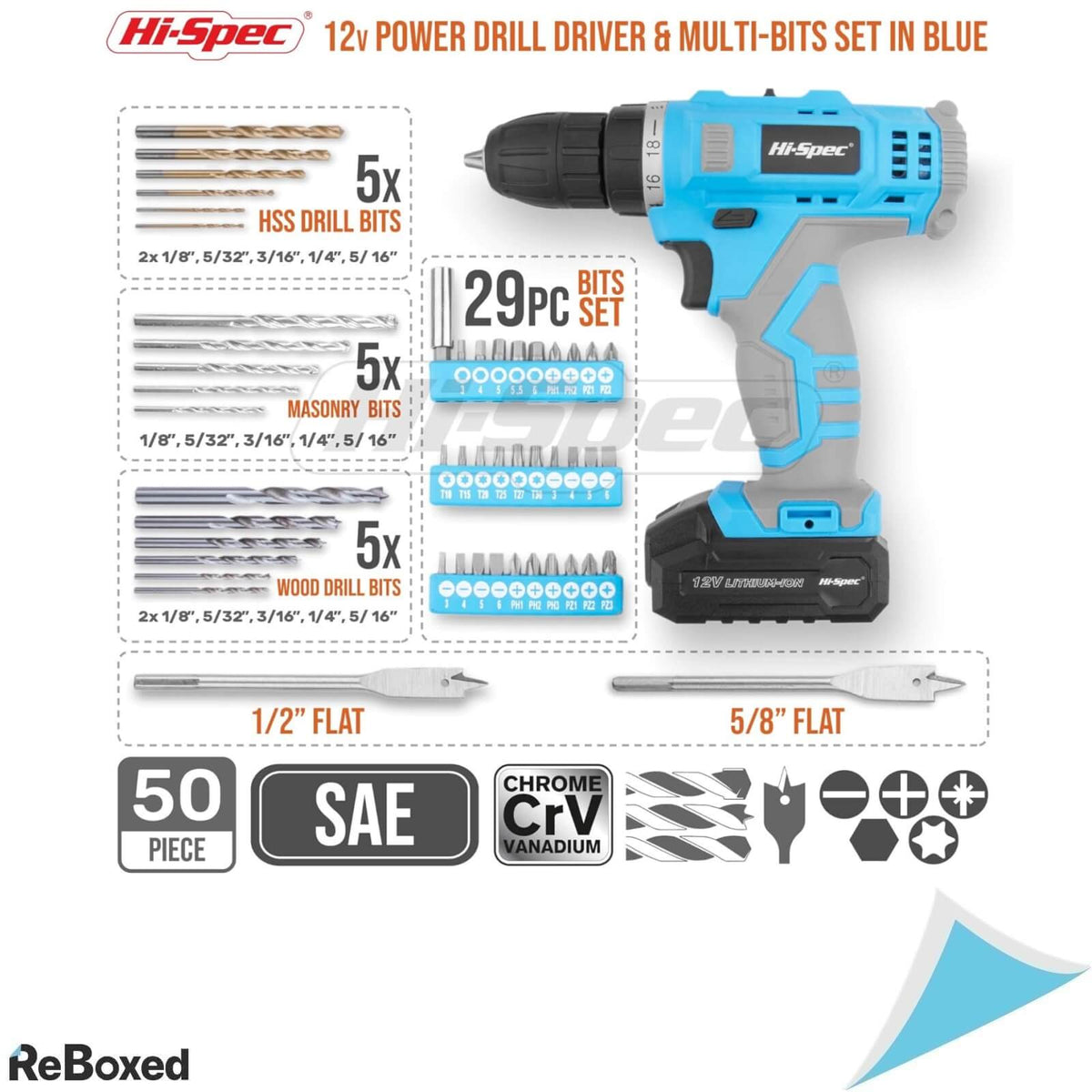 Hi-Spec Trusa de Scule cu Masina de Gaurit si Insurubat 12V 50 Piese