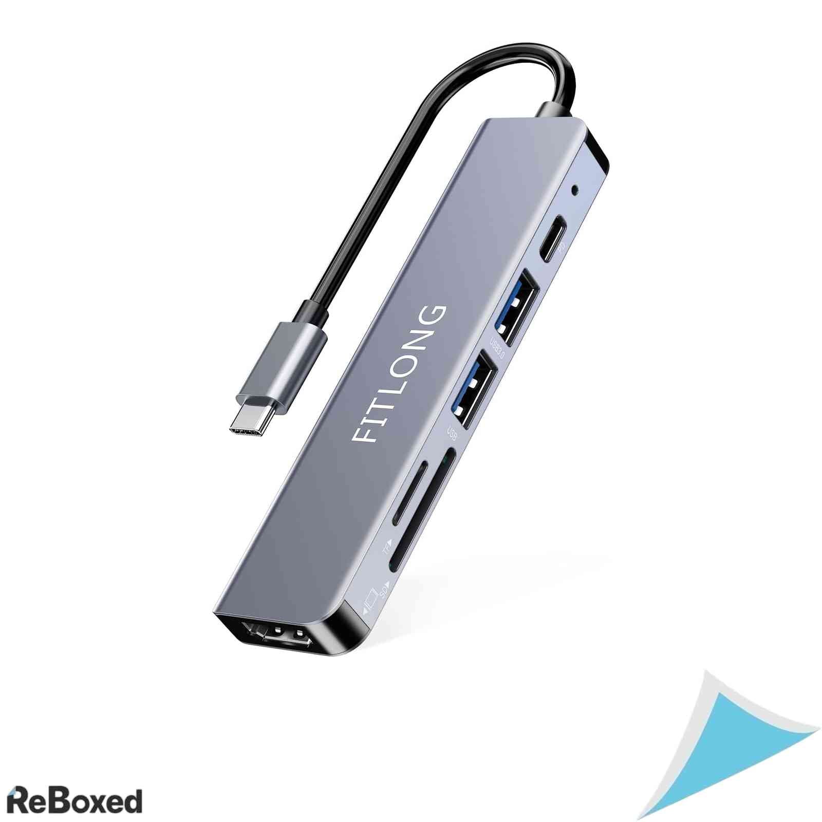 Hub USB-C 6 in 1 FITLONG, Adapter 4K HDMI, Cititor Carduri SD/TF, USB 3.0