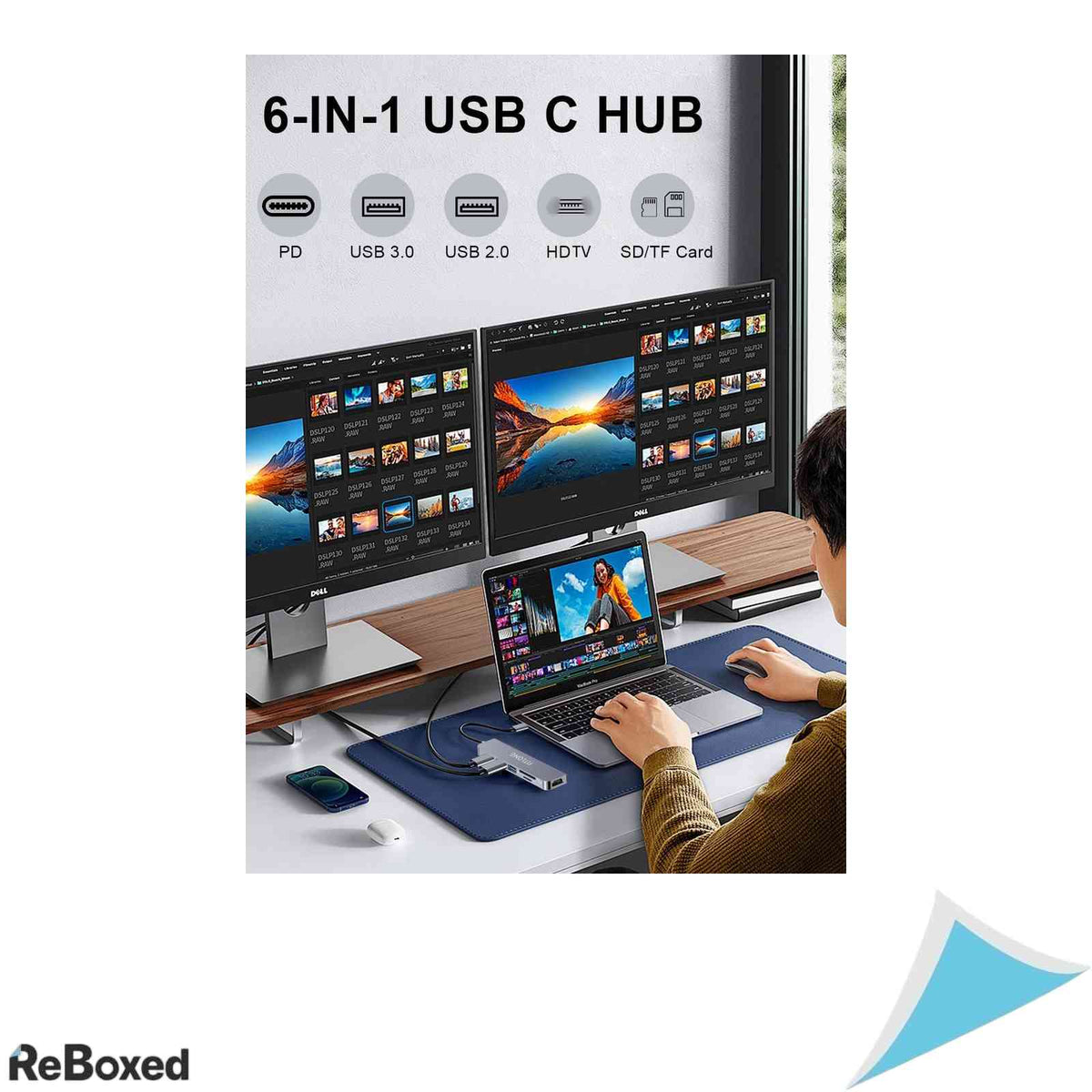 Hub USB-C 6 in 1 FITLONG, Adapter 4K HDMI, Cititor Carduri SD/TF, USB 3.0