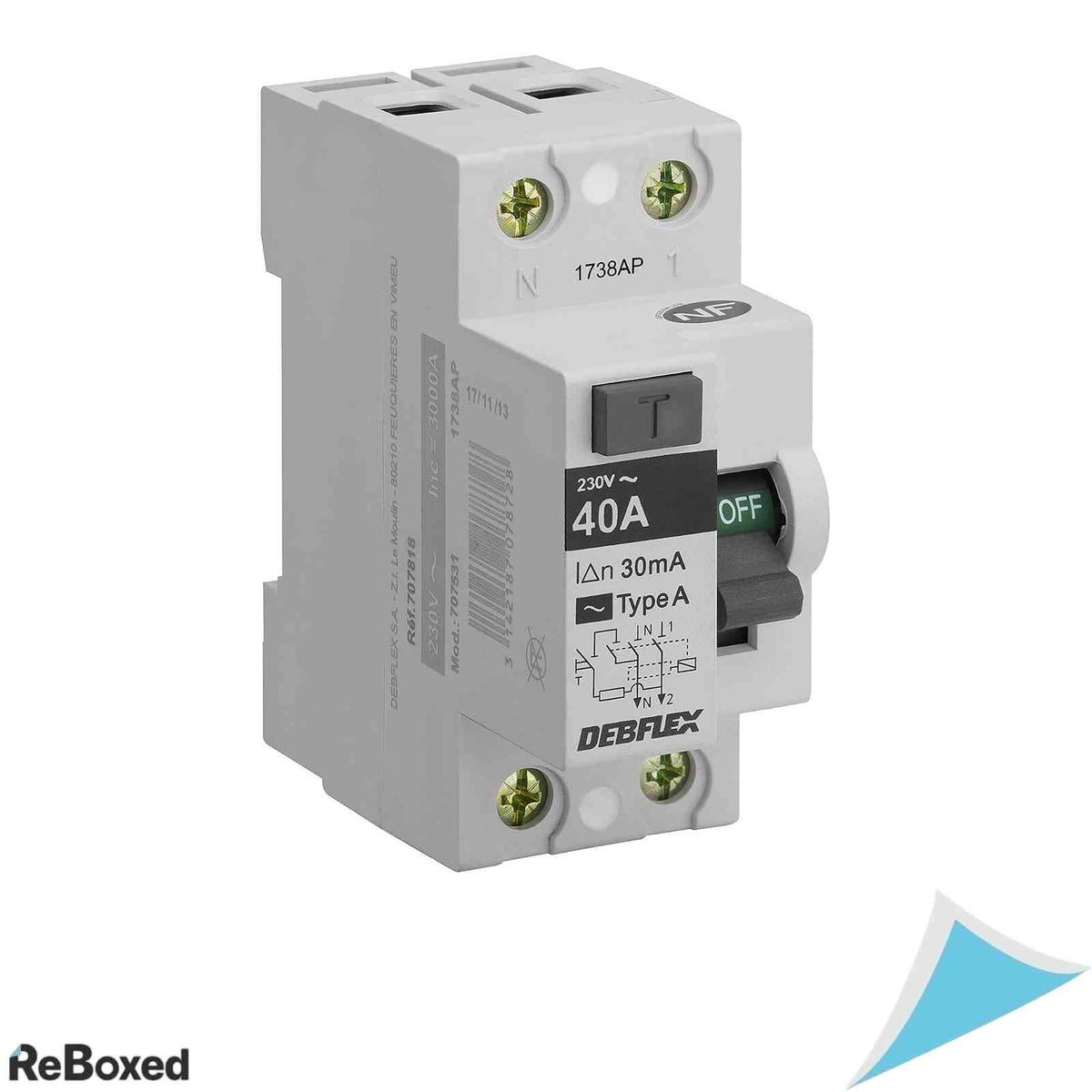 Intrerupator diferential Debflex 707818, 2 module, 2P, 40A, 30mA, Tip A, montaj sina DIN, Alb