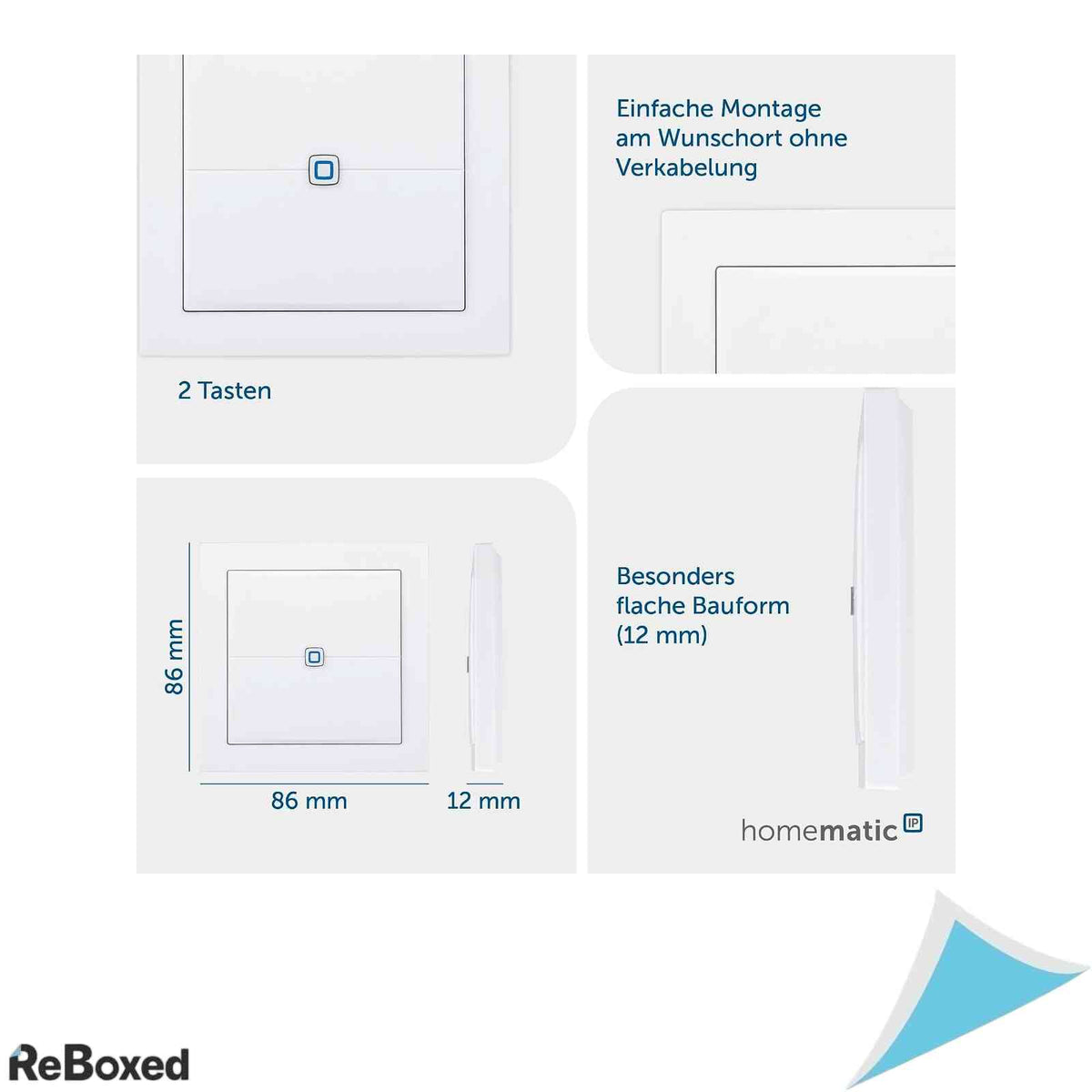 Intrerupator de perete inteligent Homematic IP, 2 taste, extra plat, alb