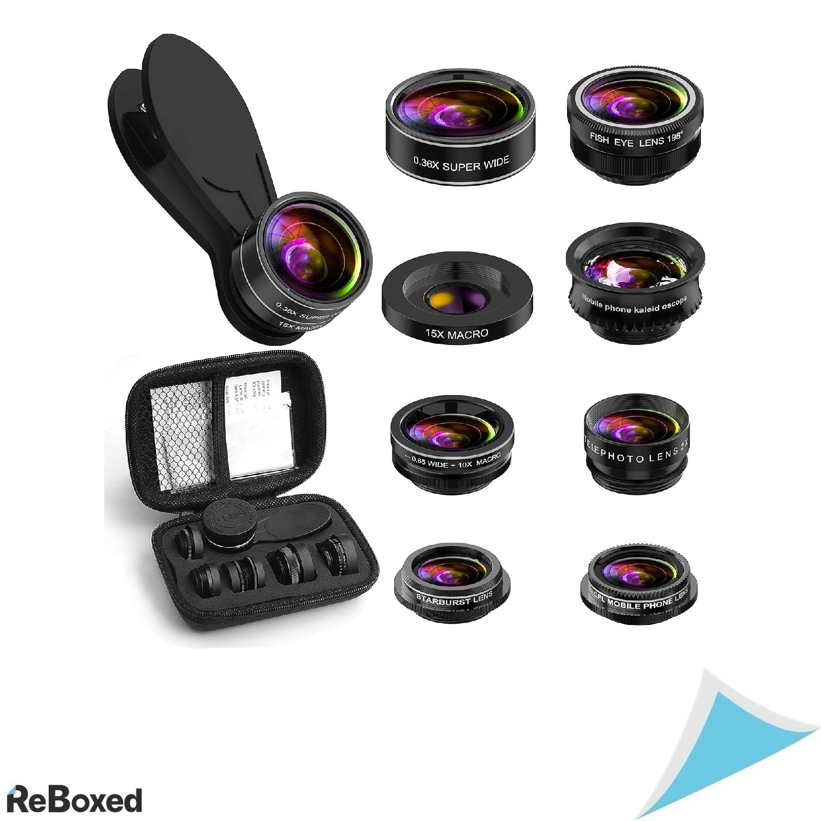 Kit lentile telefon 9 in 1 – Zoom Telephoto, Fisheye, Macro, Wide Angle, CPL, Kaleidoscope, Starburst