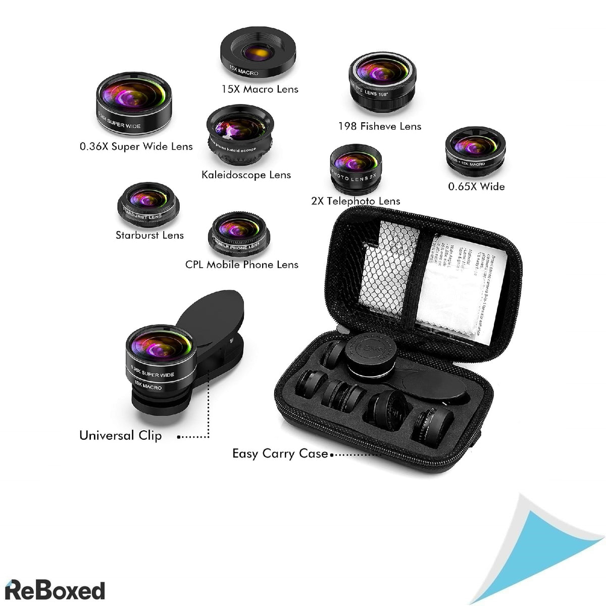 Kit lentile telefon 9 in 1 – Zoom Telephoto, Fisheye, Macro, Wide Angle, CPL, Kaleidoscope, Starburst