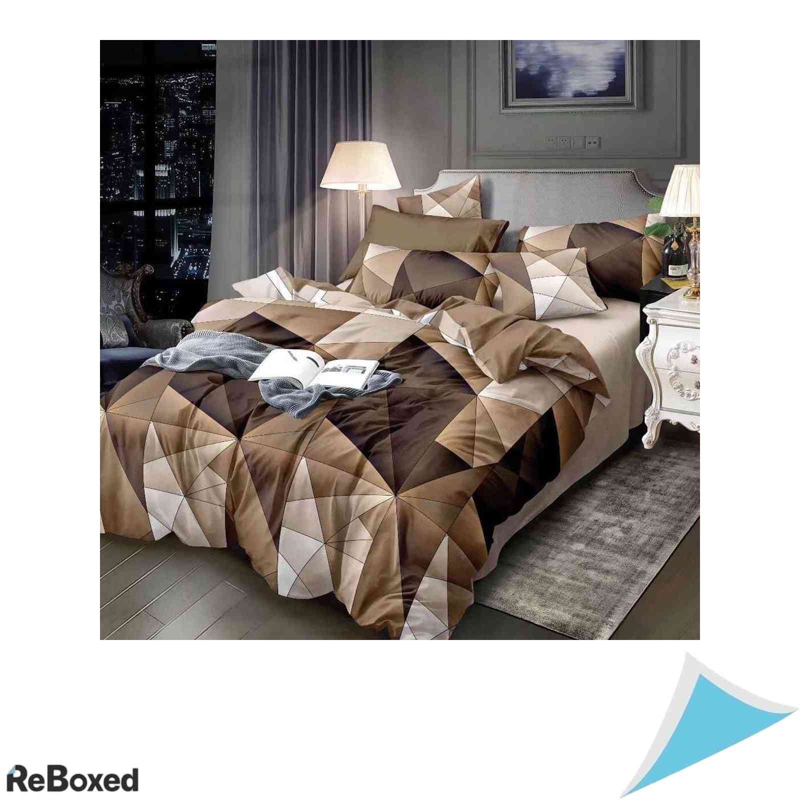 Lenjerie de Pat 2 Piese 135x200 cm Microfibra Periata cu Fermoar si Model Reversibil Triunghiuri Cafea