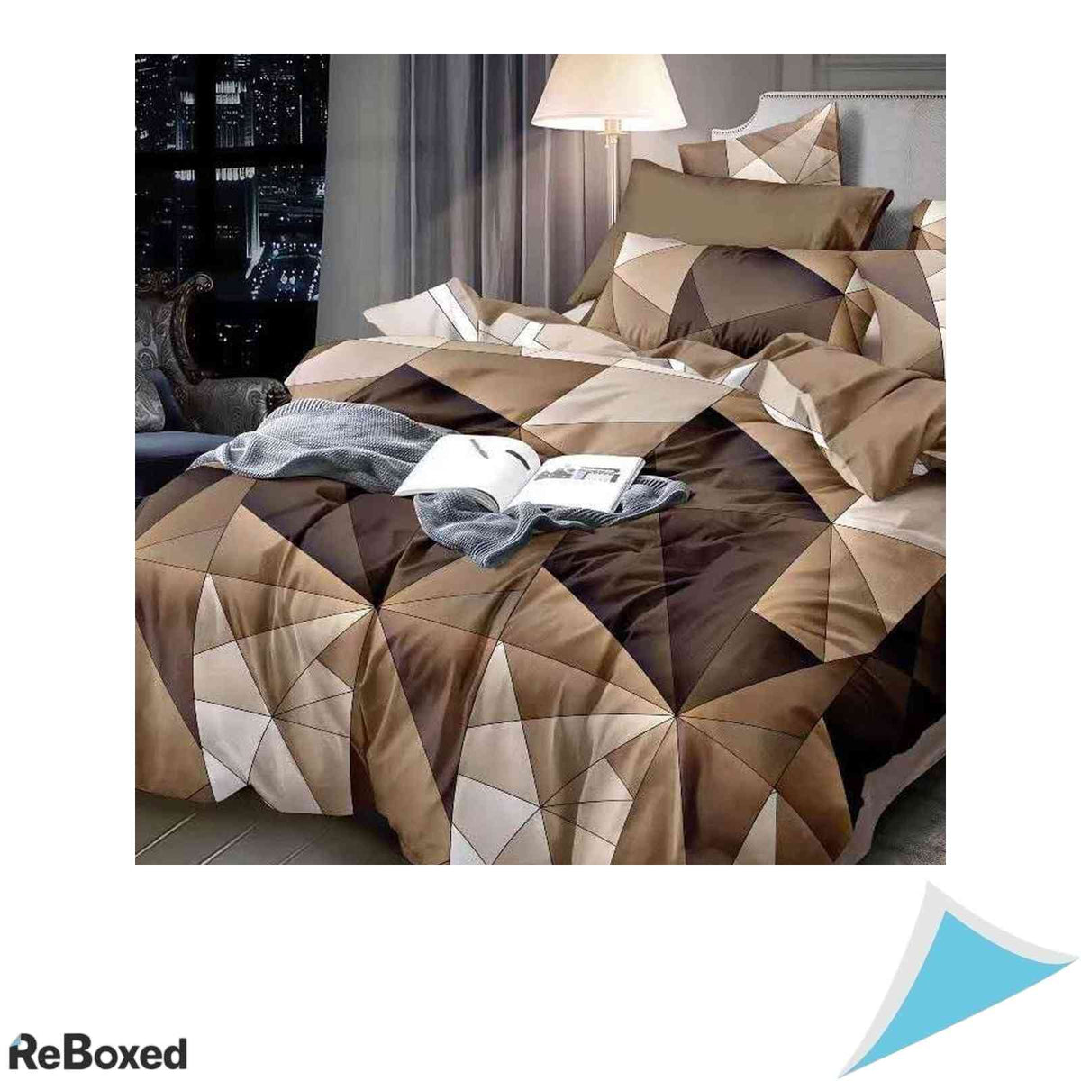 Lenjerie de Pat 2 Piese 135x200 cm Microfibra Periata cu Fermoar si Model Reversibil Triunghiuri Cafea