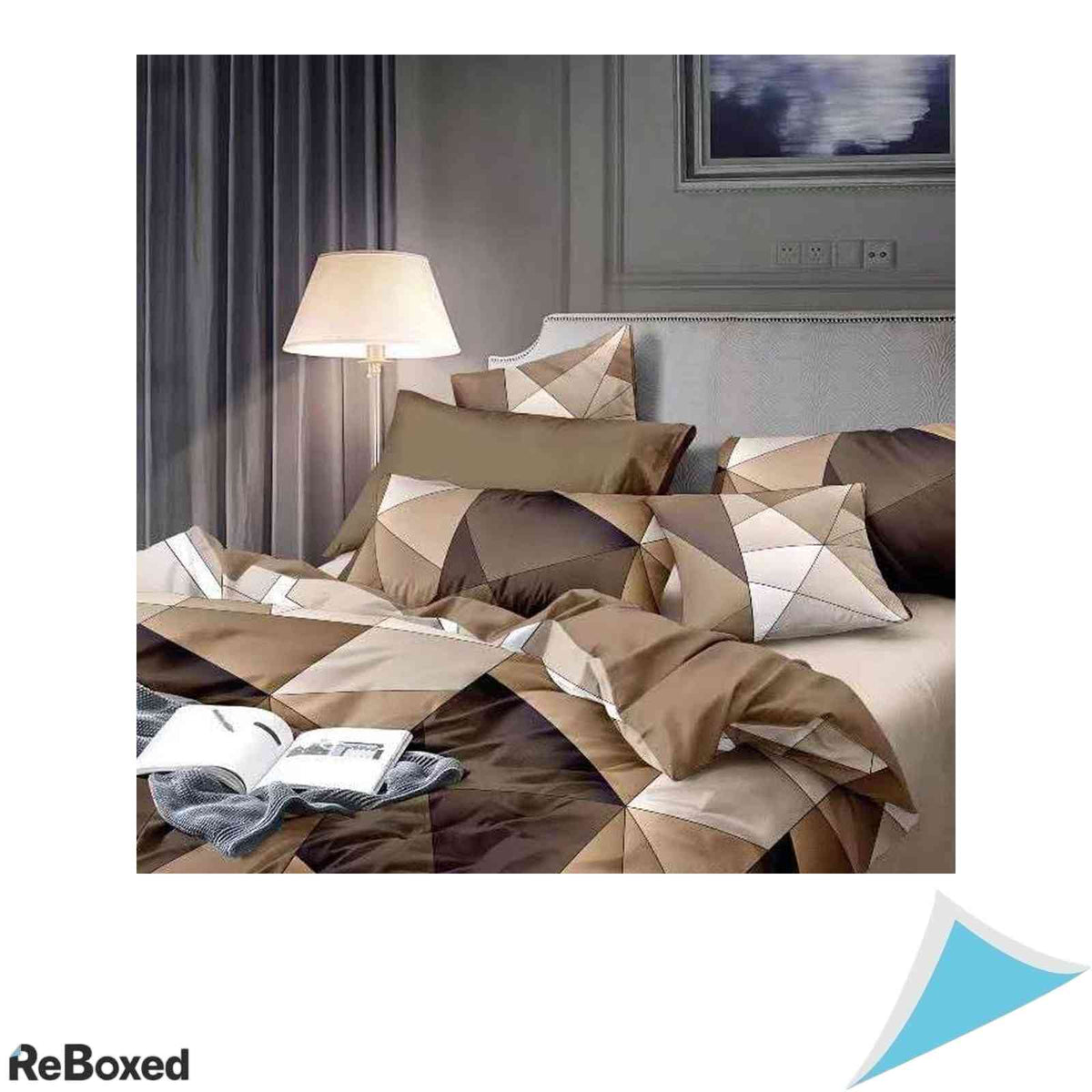 Lenjerie de Pat 2 Piese 135x200 cm Microfibra Periata cu Fermoar si Model Reversibil Triunghiuri Cafea
