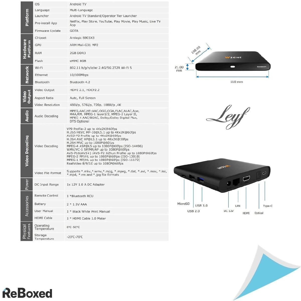 Leyf Wzone 4K UHD Android TV Box Original HDMI