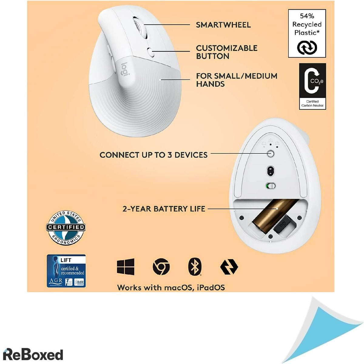 Logitech LIFT Mouse Wireless Vertical 4000dpi Bluetooth Alb