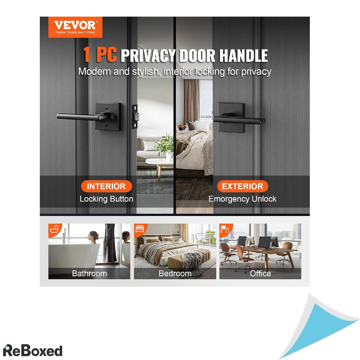 Set 2 Manere Interior VEVOR Negru Mat cu Inchidere – Reversibile, Fara Cheie, Rotatie 45°, Pentru Dormitor sau Baie