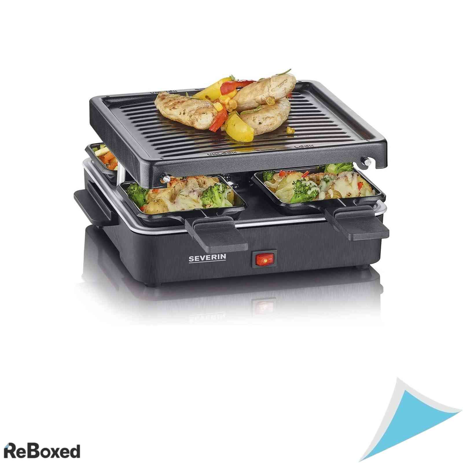 Mini Grill Raclette Severin 2370 Putere 600W Include 4 Tigai Antiaderente Incalzire Rapida Negru
