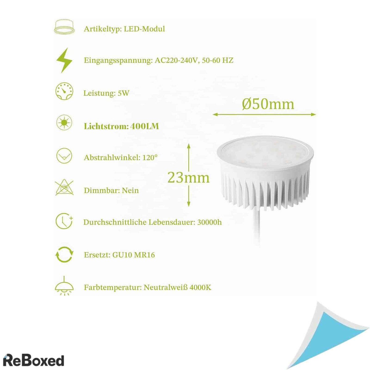 Modul LED Ultra Plat Kyotech 230V Inlocuitor GU10 MR16 Lumina Neutra 4000K Inaltime 23 mm Diametru 50 mm IP44 Alb