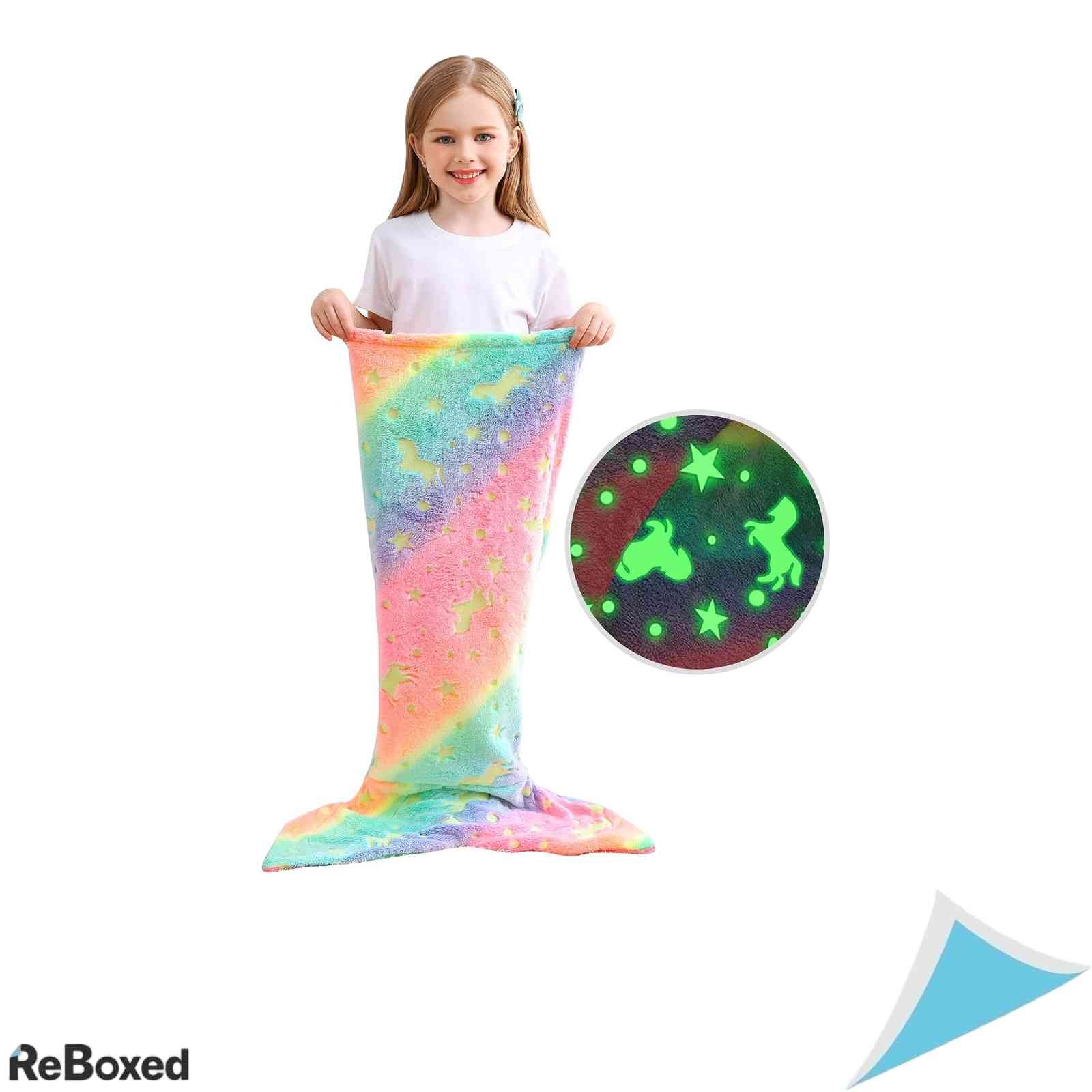 Patura Tip Coada de Mermeida pentru Copii softan Luminoasa in Intuneric Flanel Fleece Roz Curcubeu 100x43 cm