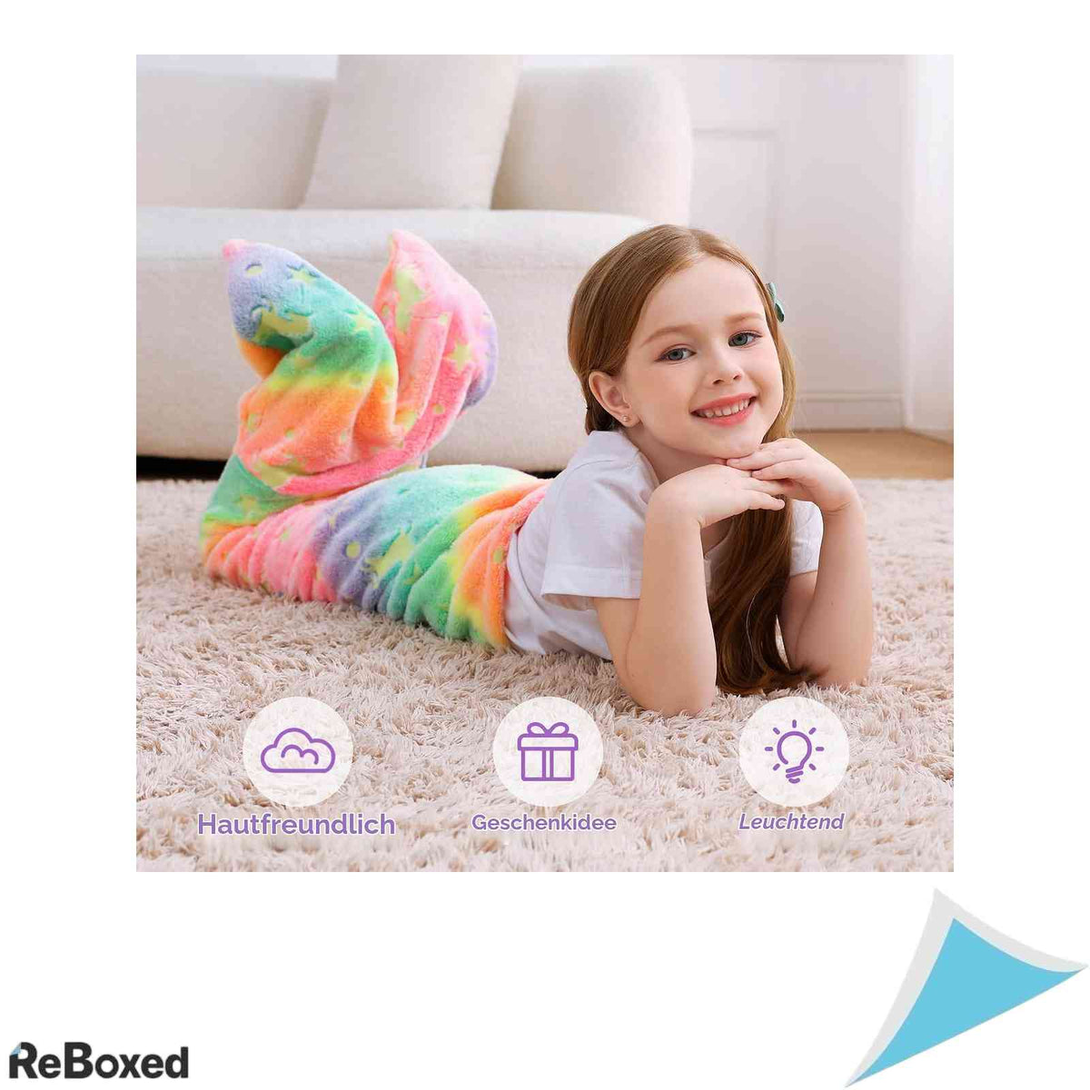 Patura Tip Coada de Mermeida pentru Copii softan Luminoasa in Intuneric Flanel Fleece Roz Curcubeu 100x43 cm