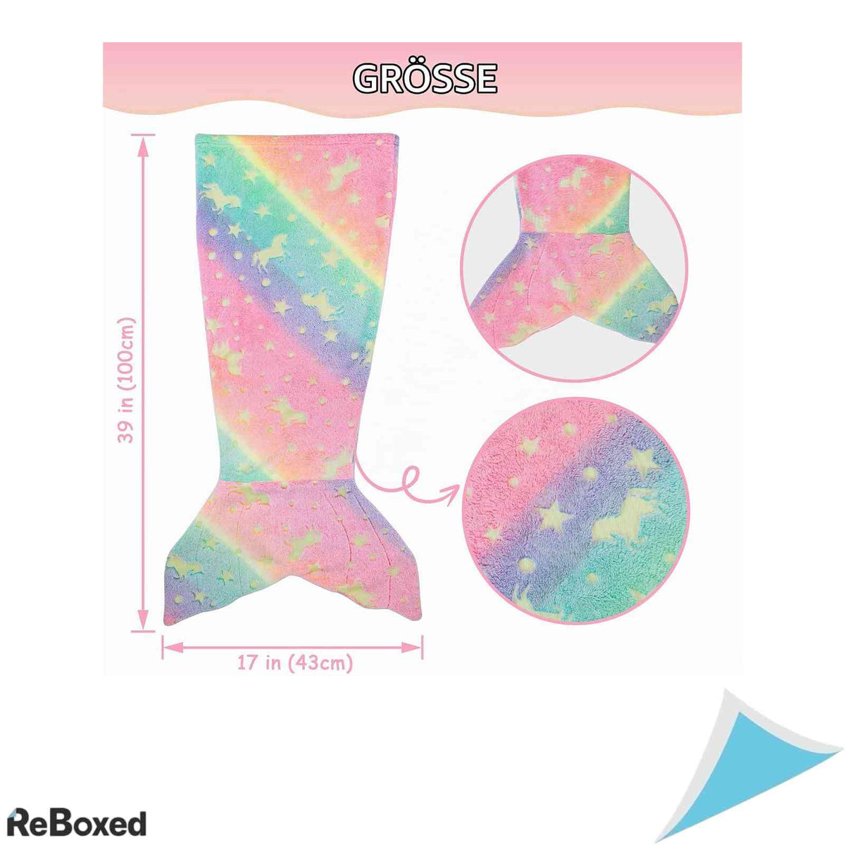 Patura Tip Coada de Mermeida pentru Copii softan Luminoasa in Intuneric Flanel Fleece Roz Curcubeu 100x43 cm