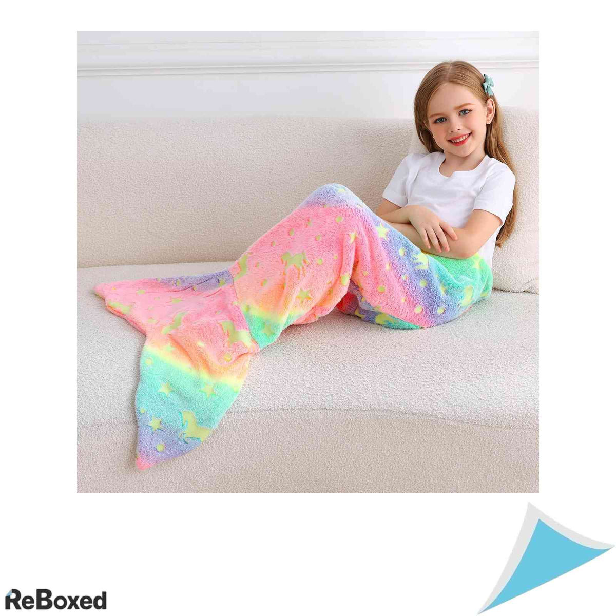 Patura Tip Coada de Mermeida pentru Copii softan Luminoasa in Intuneric Flanel Fleece Roz Curcubeu 100x43 cm