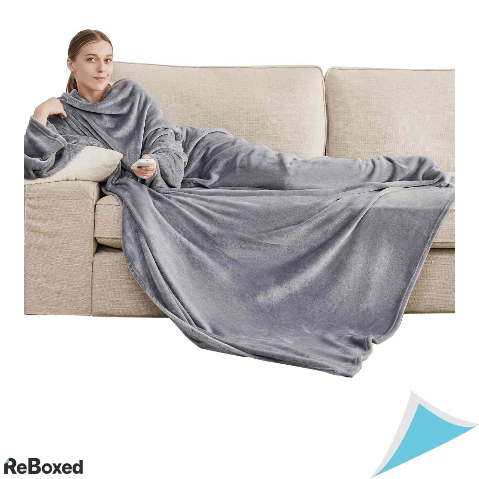 Patura cu maneci Bedsure din fleece moale, 170x200 cm, Gri deschis