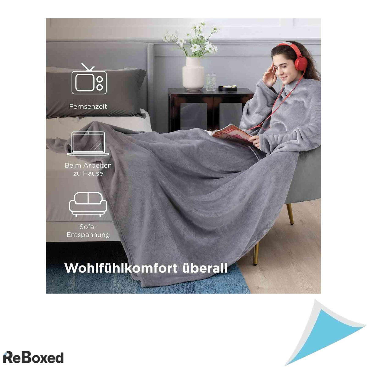 Patura cu maneci Bedsure din fleece moale, 170x200 cm, Gri deschis
